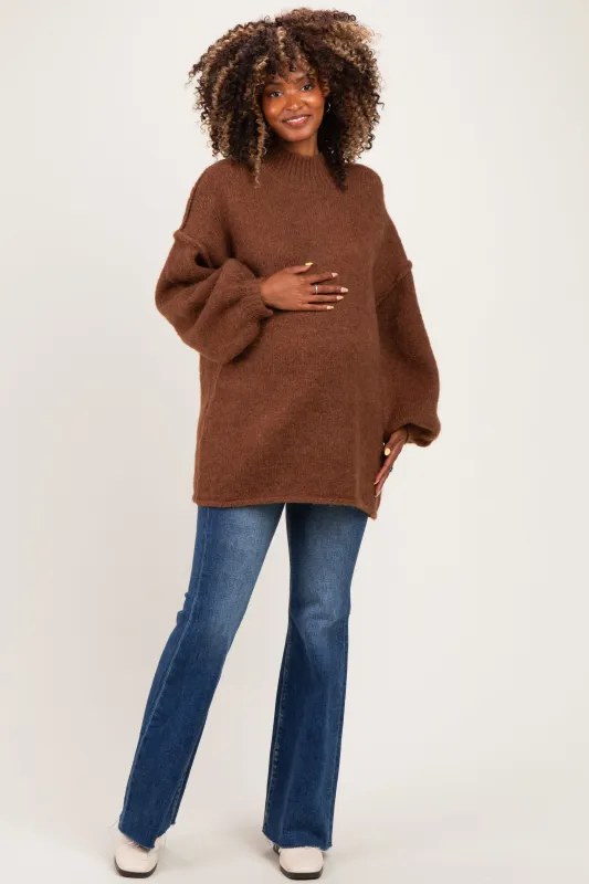 Mocha Oversized Mock Neck Maternity Tunic Sweater made by Bluivy