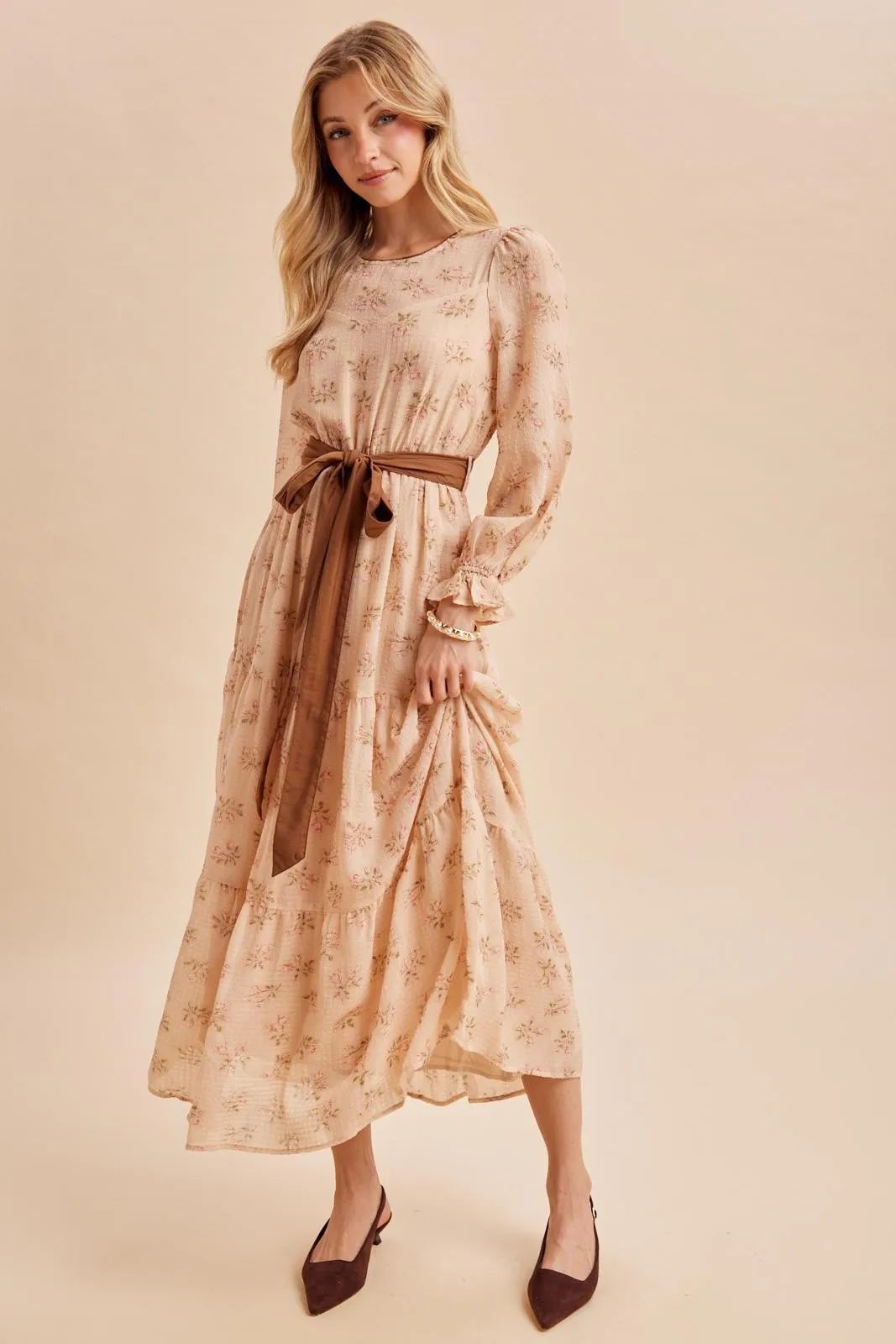 Dusty Peach Floral Sash Tiered Maternity Maxi Dress sold by Pinkblush product image thumbnail 4