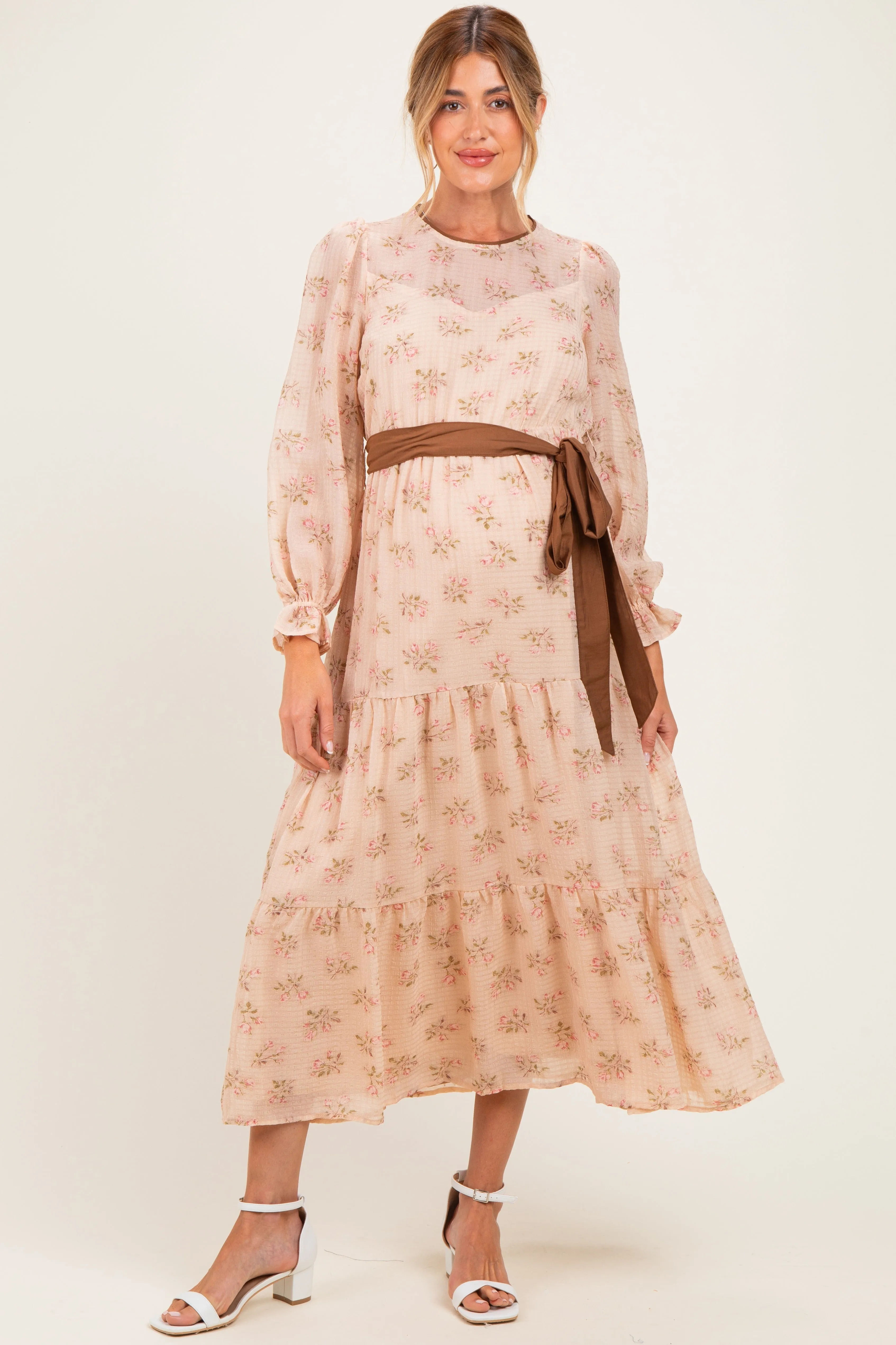Dusty Peach Floral Sash Tiered Maternity Maxi Dress sold by Pinkblush