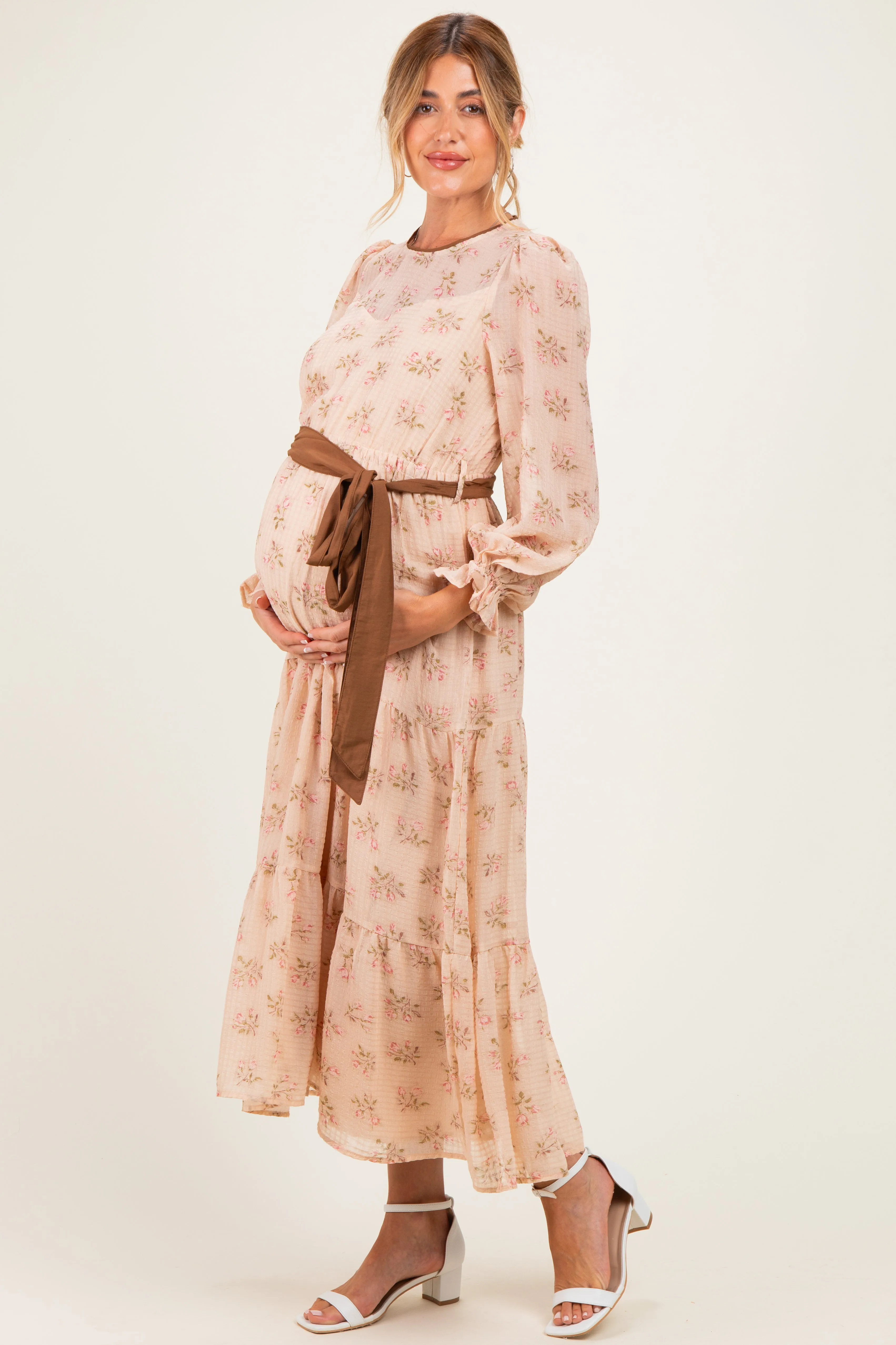 Dusty Peach Floral Sash Tiered Maternity Maxi Dress sold by Pinkblush product image thumbnail 2