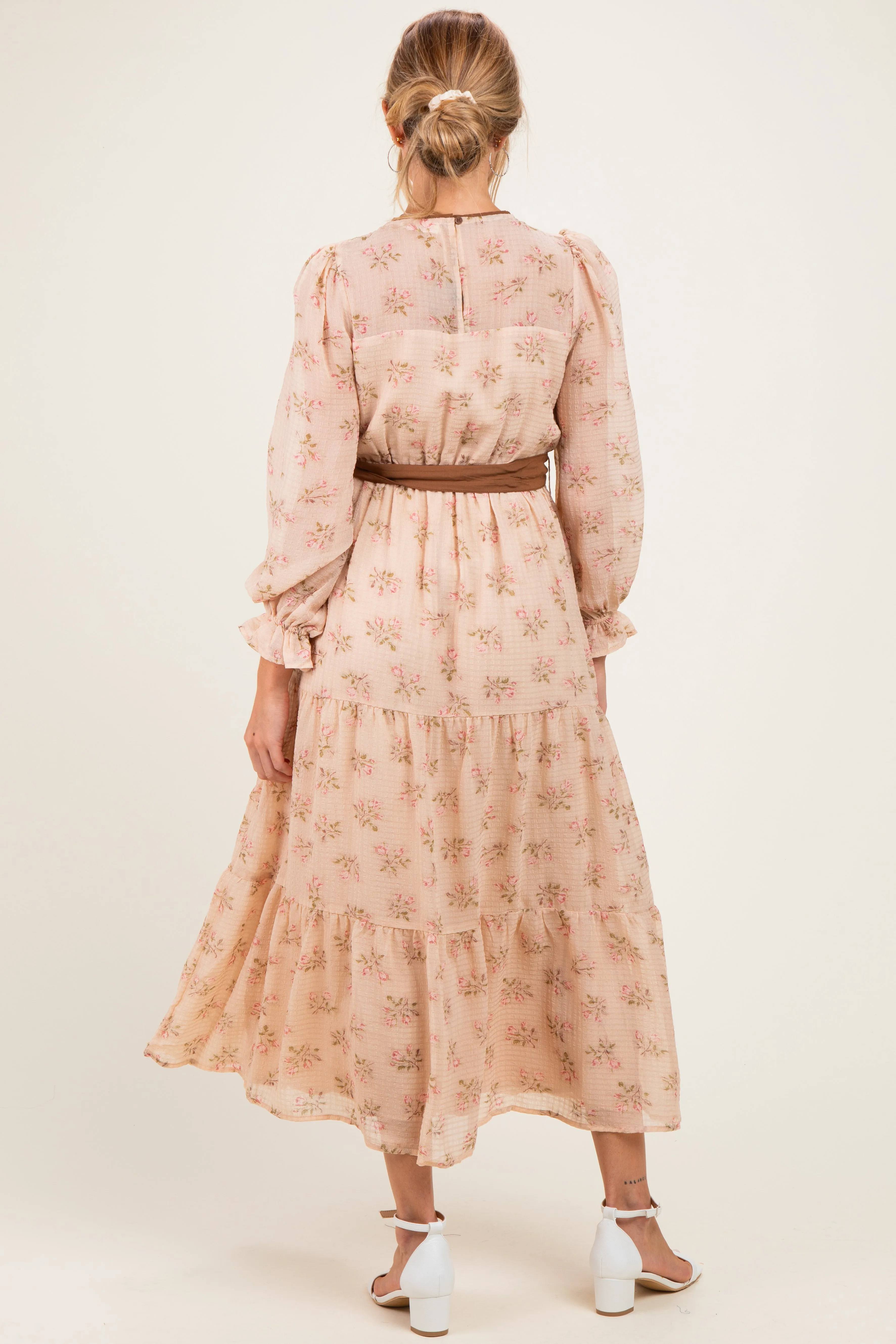 Dusty Peach Floral Sash Tiered Maternity Maxi Dress sold by Pinkblush product image thumbnail 3