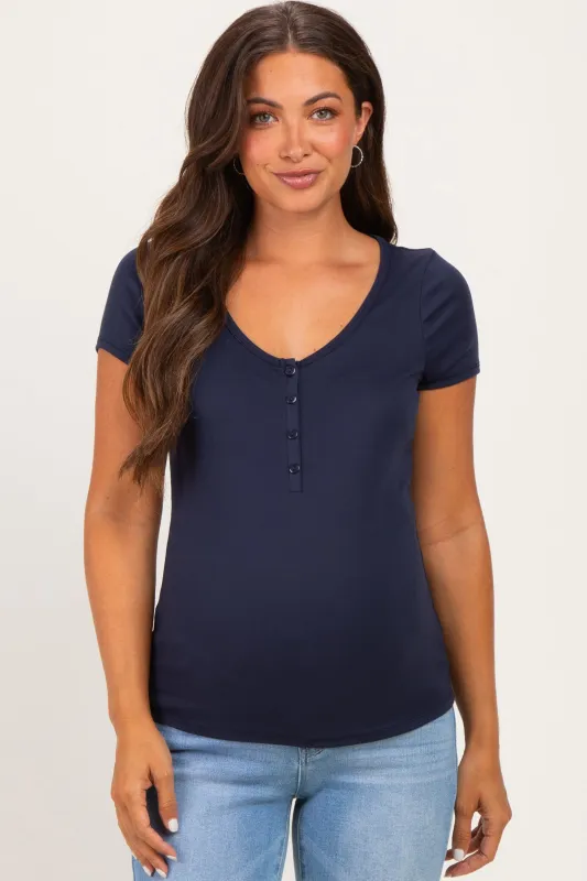 Navy Ribbed Button Scoop Neck Short Sleeve Maternity Top made by Pinkblush