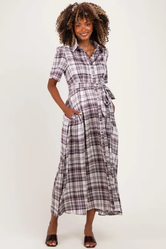 Dark Plum Plaid Button Down Maternity Midi Dress made by Inloom