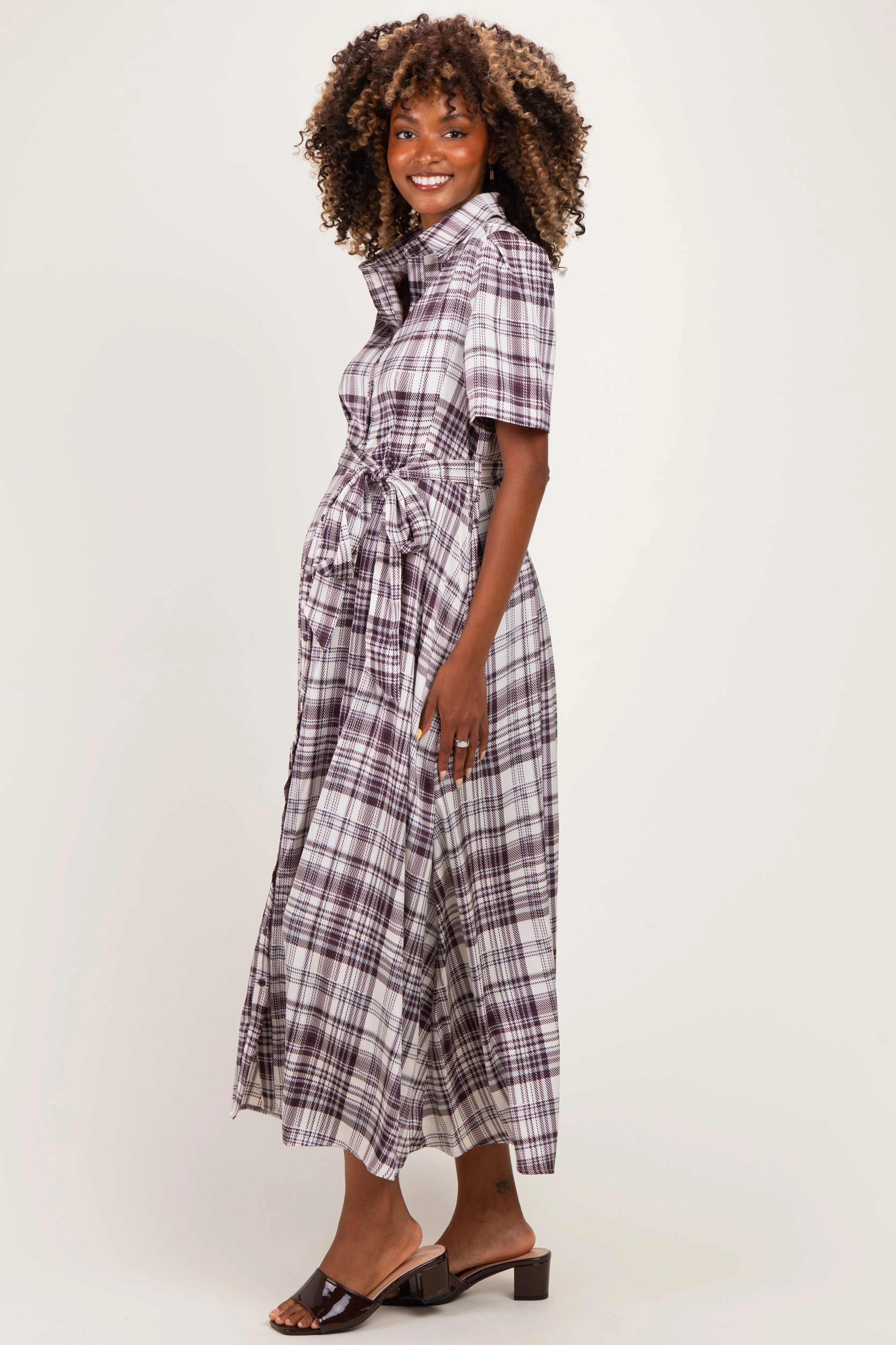 Dark Plum Plaid Button Down Maternity Midi Dress sold by Pinkblush product image thumbnail 2