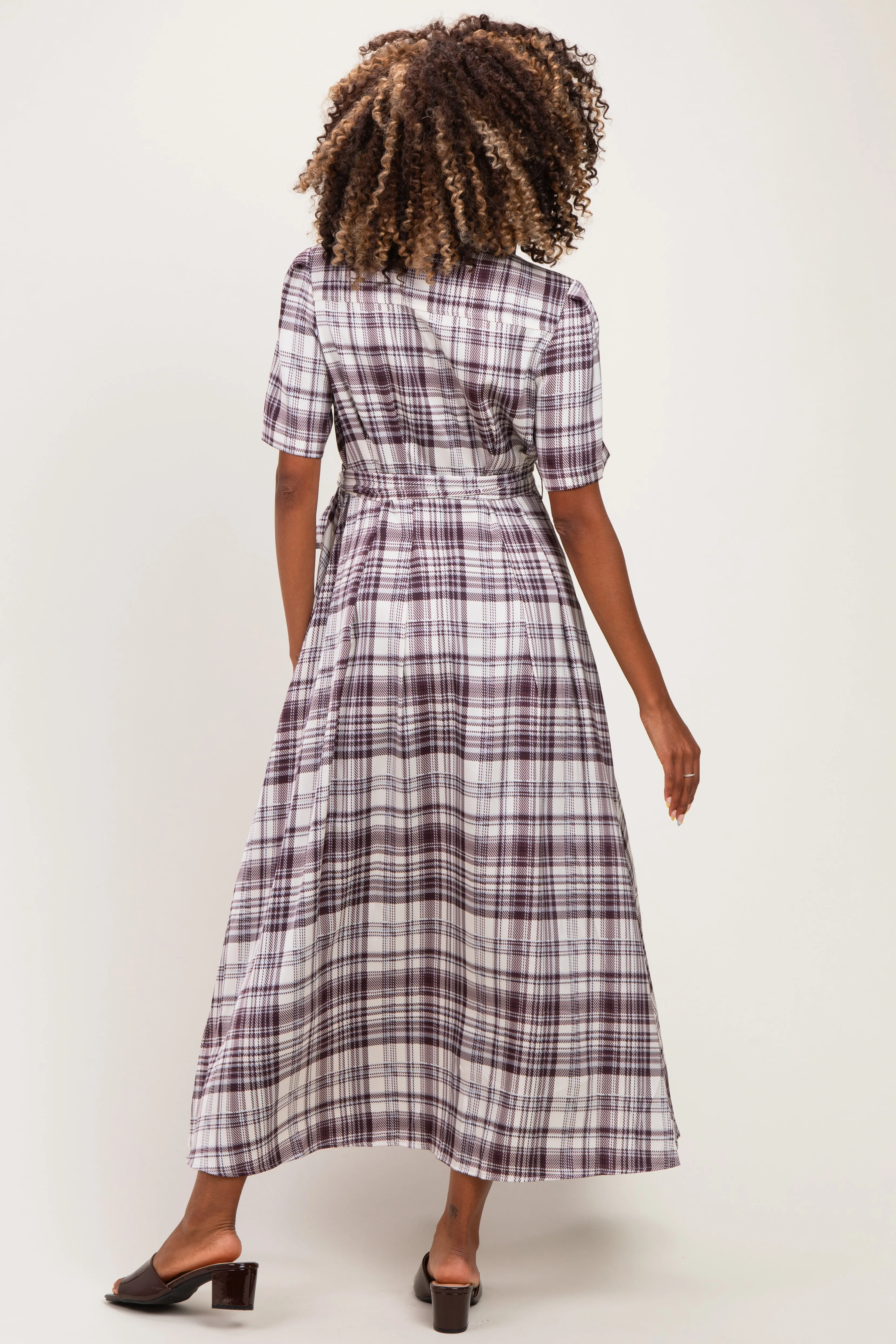 Dark Plum Plaid Button Down Maternity Midi Dress sold by Pinkblush product image thumbnail 3