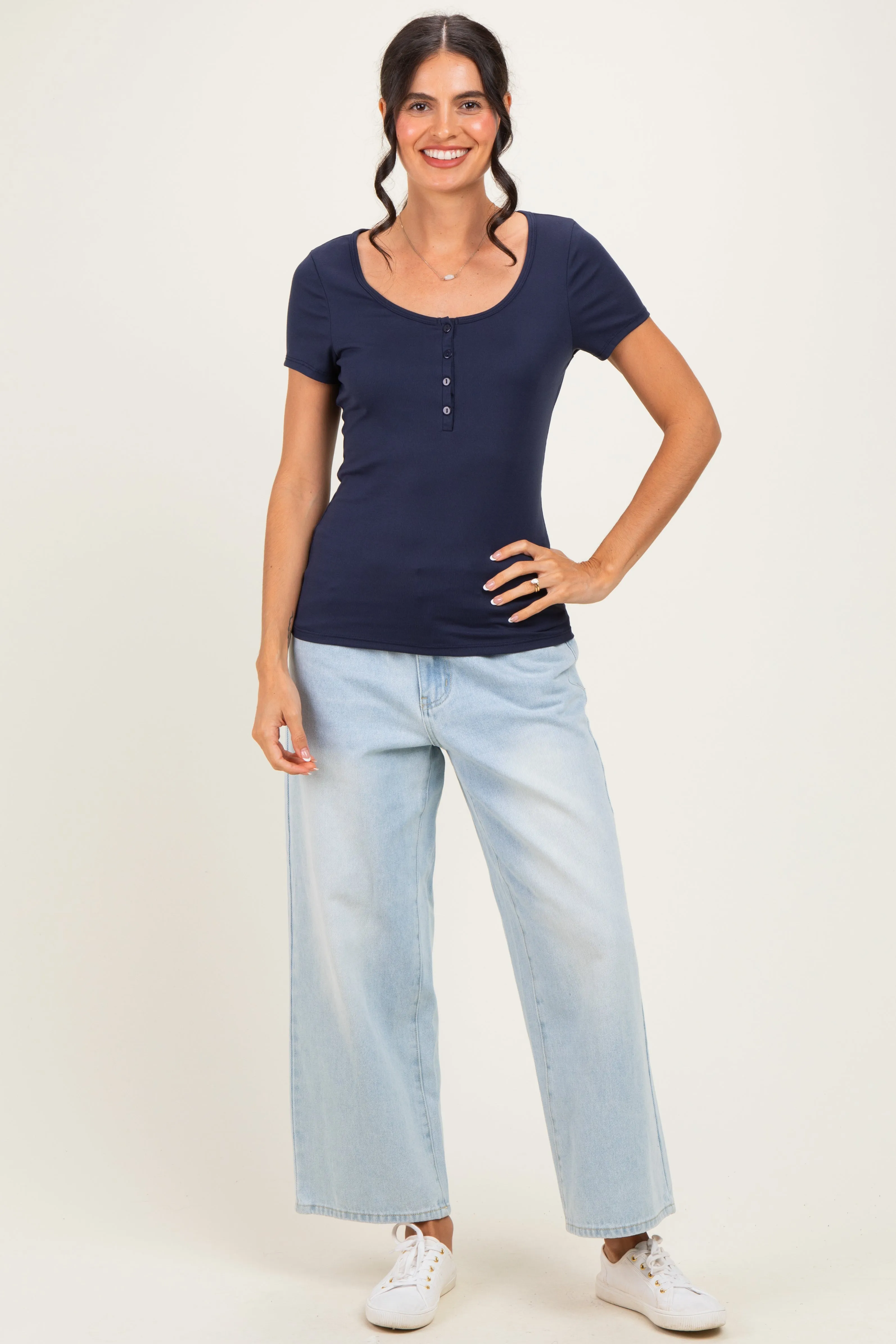 Navy Ribbed Button Scoop Neck Short Sleeve Top sold by Pinkblush product image thumbnail 2
