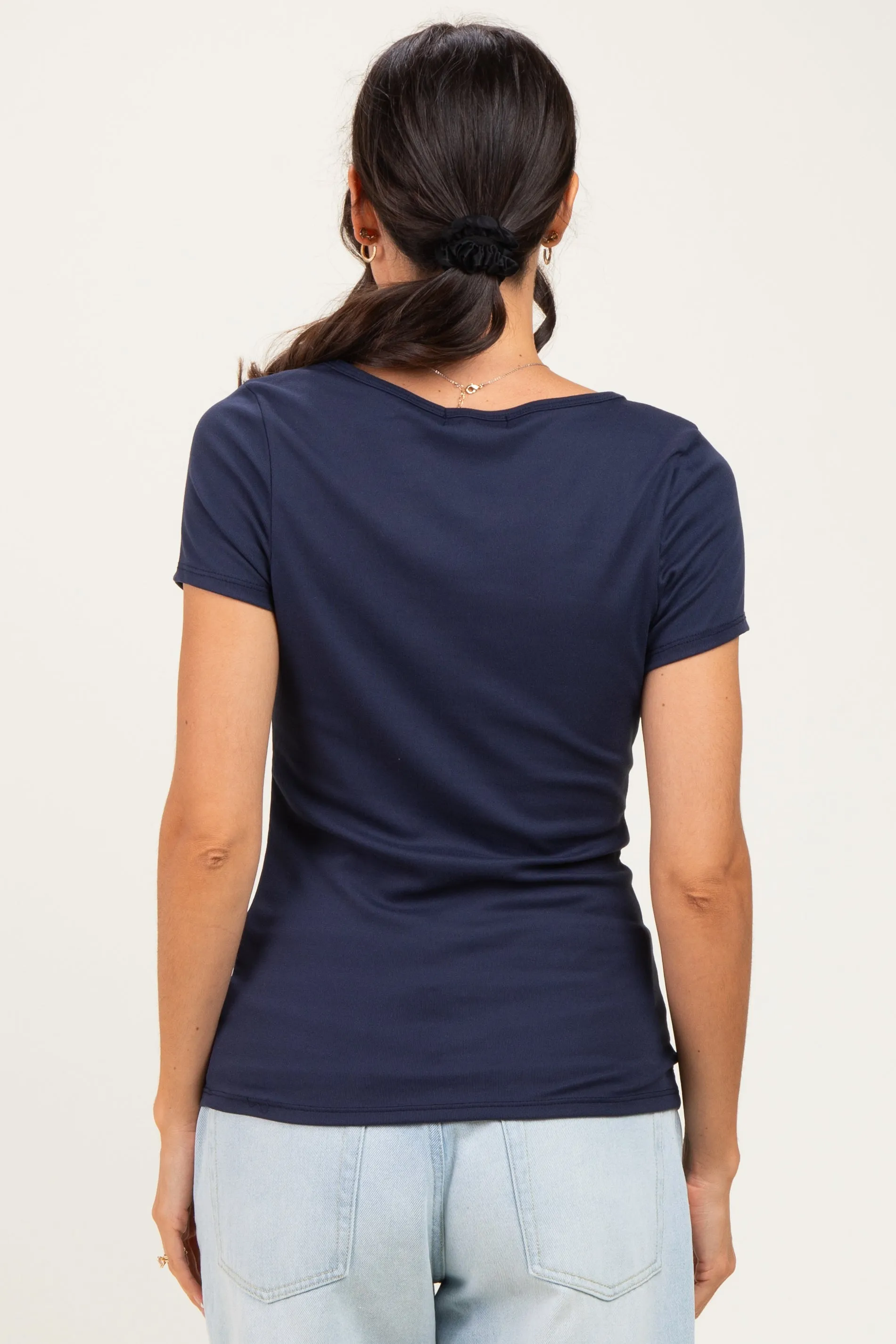 Navy Ribbed Button Scoop Neck Short Sleeve Top sold by Pinkblush product image thumbnail 3