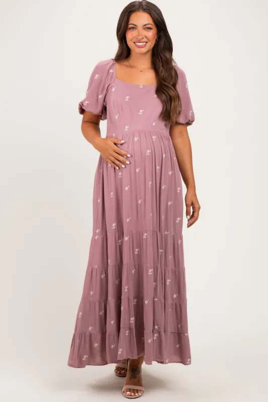 Mauve Embroidered Tiered Maternity Maxi Dress made by Inloom