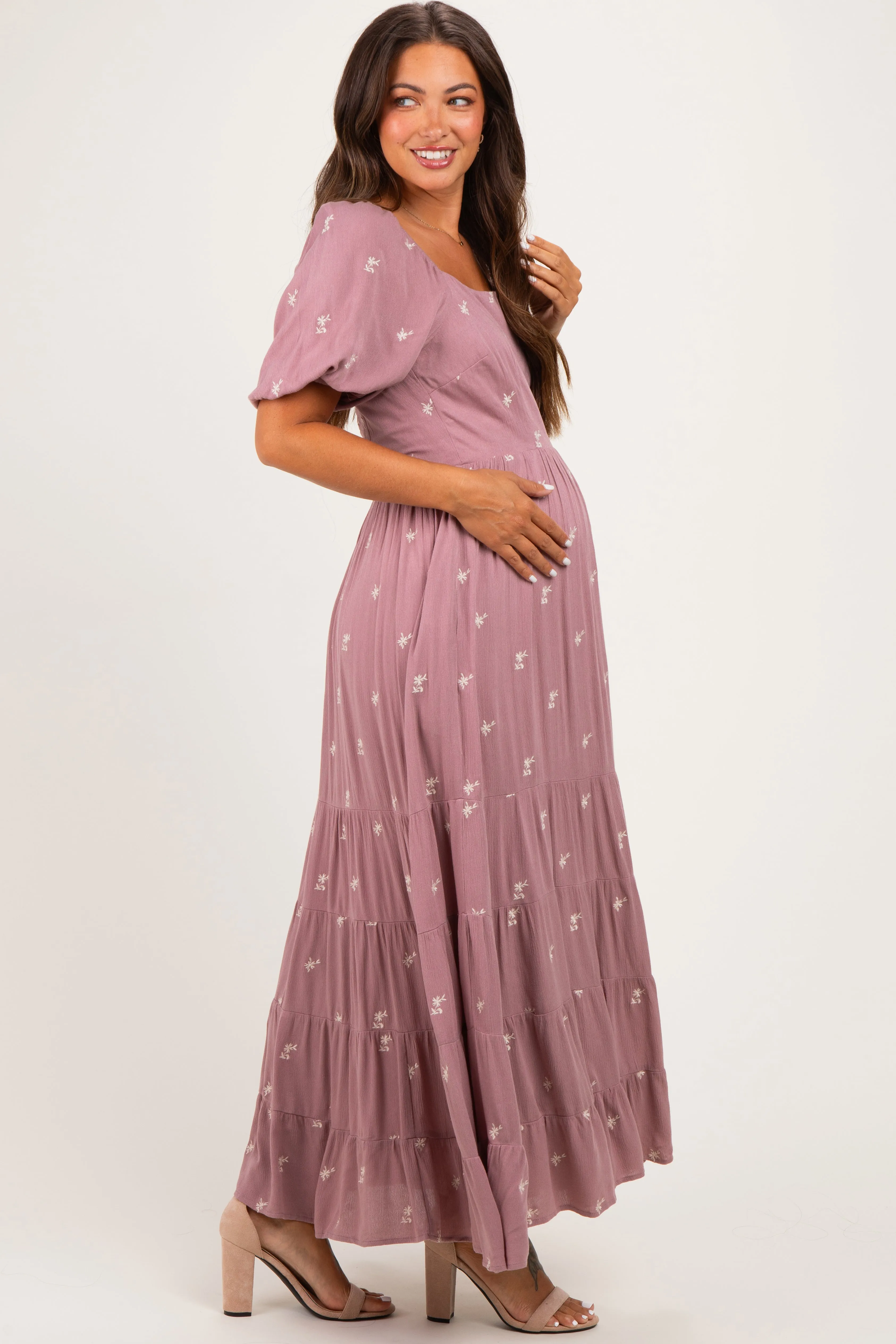 Mauve Embroidered Tiered Maternity Maxi Dress sold by Pinkblush product image thumbnail 2