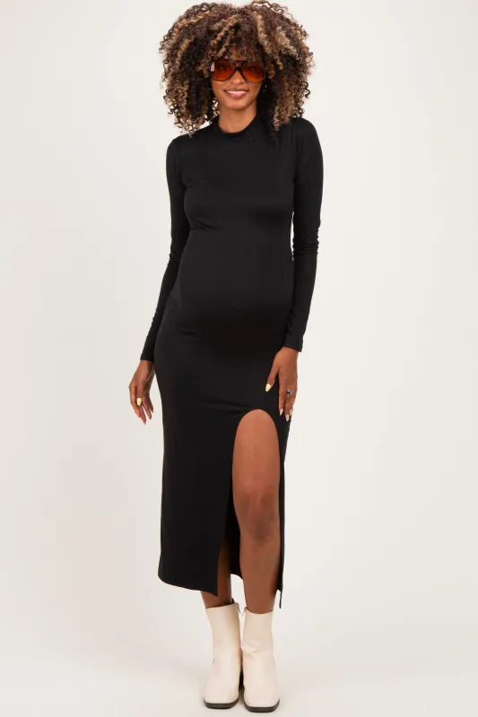 Black Mock Neck Front Slit Long Sleeve Maternity Maxi Dress made by Pinkblush