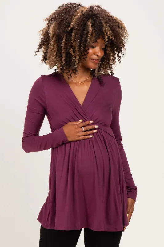 PinkBlush Burgundy Long Sleeve Draped Front Maternity Nursing Top made by Pinkblush