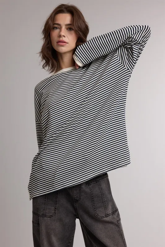 Navy Striped Oversized Long Sleeve Top made by Wishlist