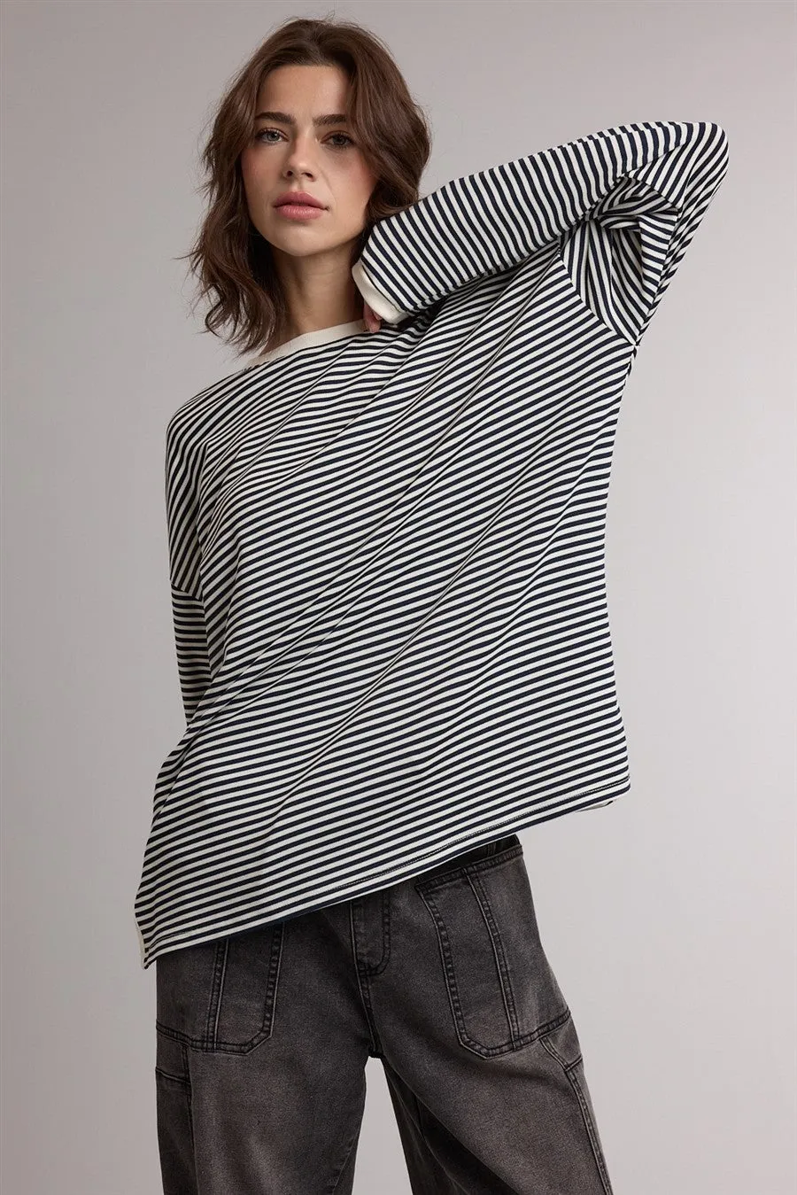 Navy Striped Oversized Long Sleeve Top sold by Pinkblush