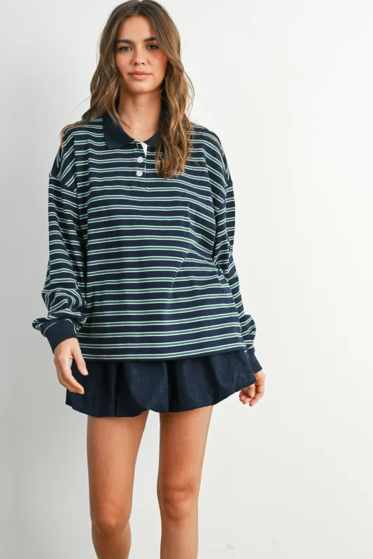 Navy Striped Long Sleeve Polo Top made by Pinkblush