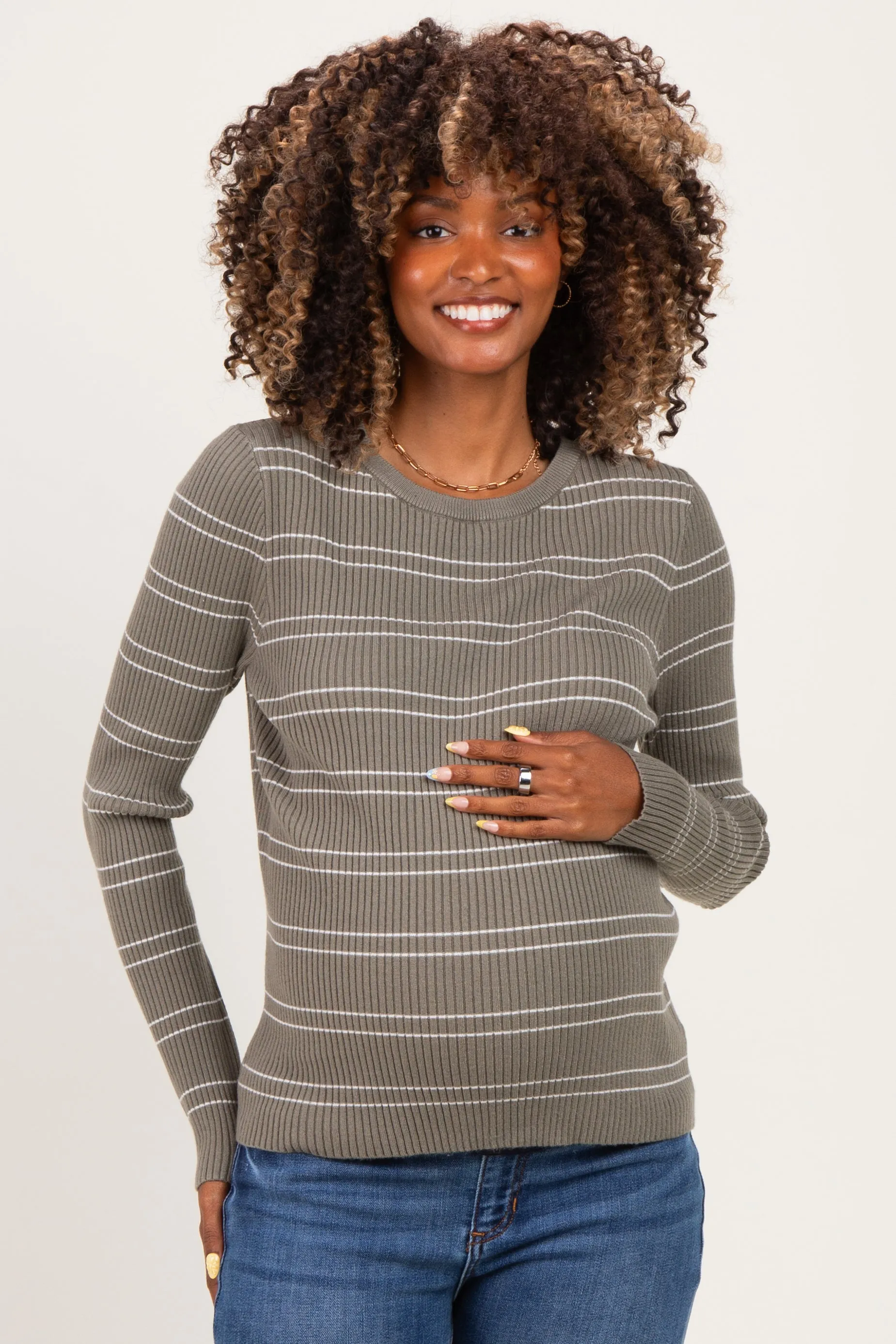 Olive Ribbed Basic Striped Fitted Maternity Sweater sold by Pinkblush product image thumbnail 4