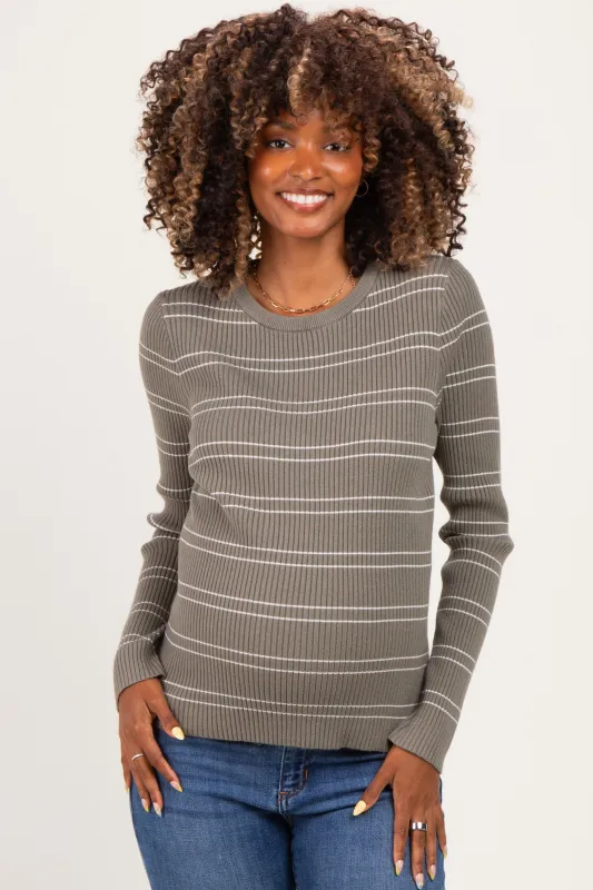 Olive Ribbed Basic Striped Fitted Maternity Sweater made by Staccato