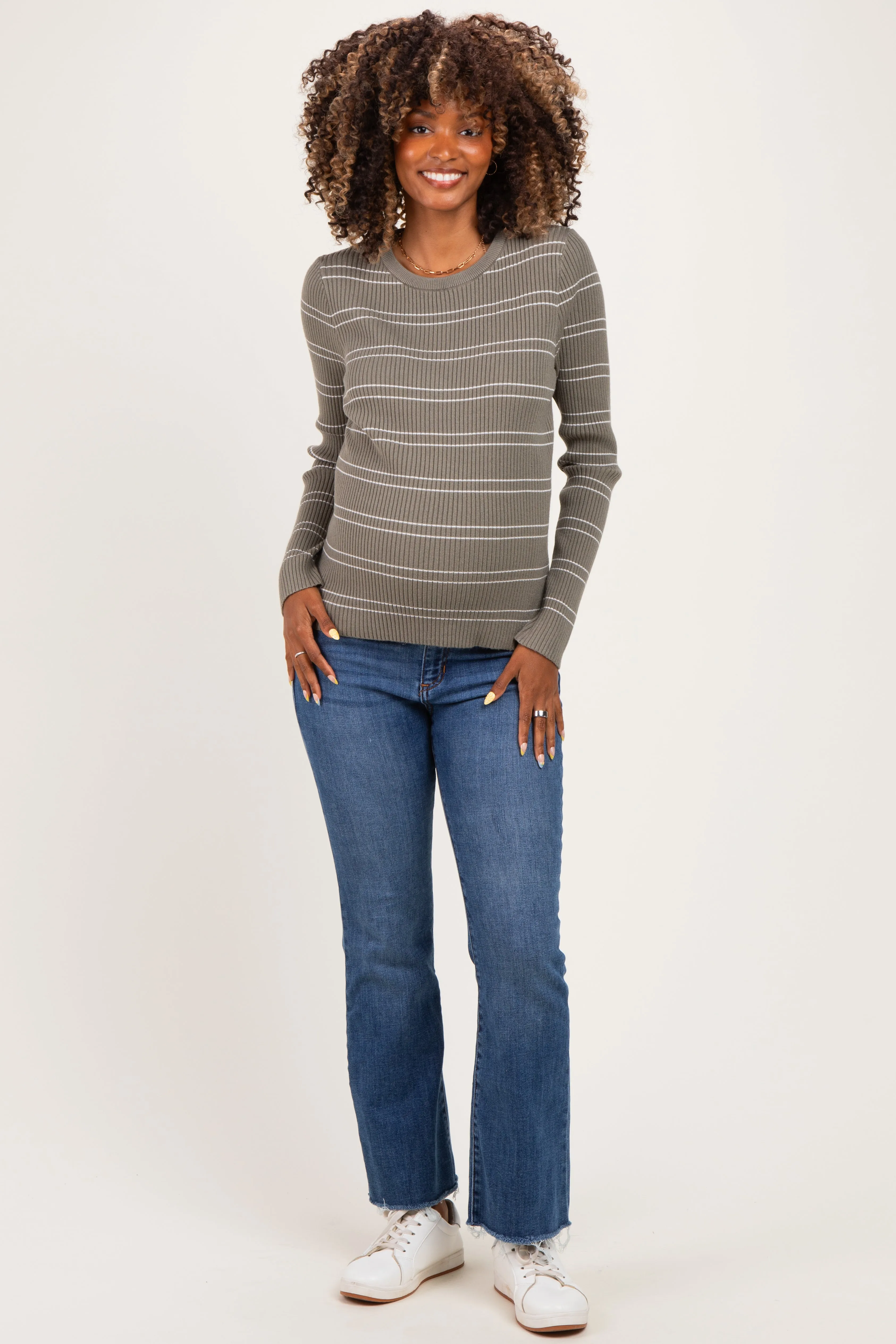 Olive Ribbed Basic Striped Fitted Maternity Sweater sold by Pinkblush product image thumbnail 2