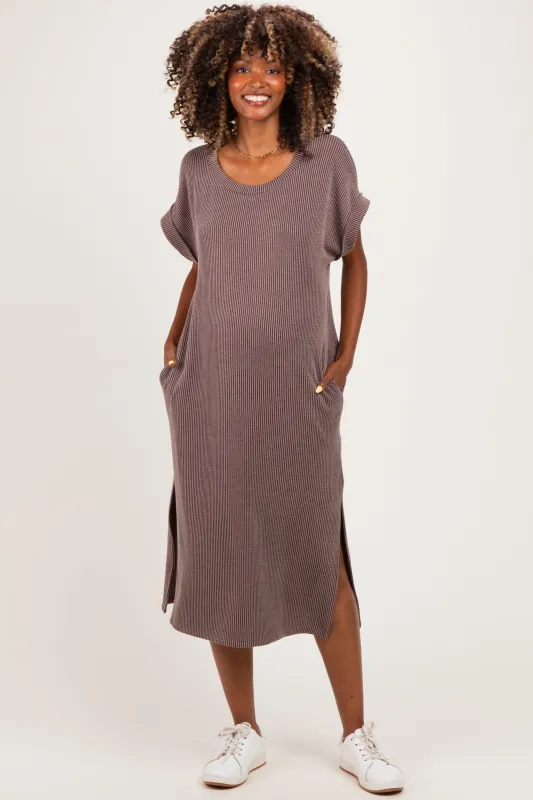 Brown Short Sleeve Ribbed Maternity Maxi Dress made by Pinkblush