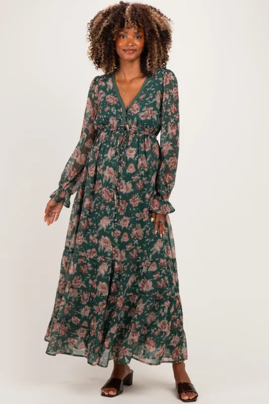 Eucalyptus Floral Chiffon Button Down Maternity Maxi Dress made by Inloom