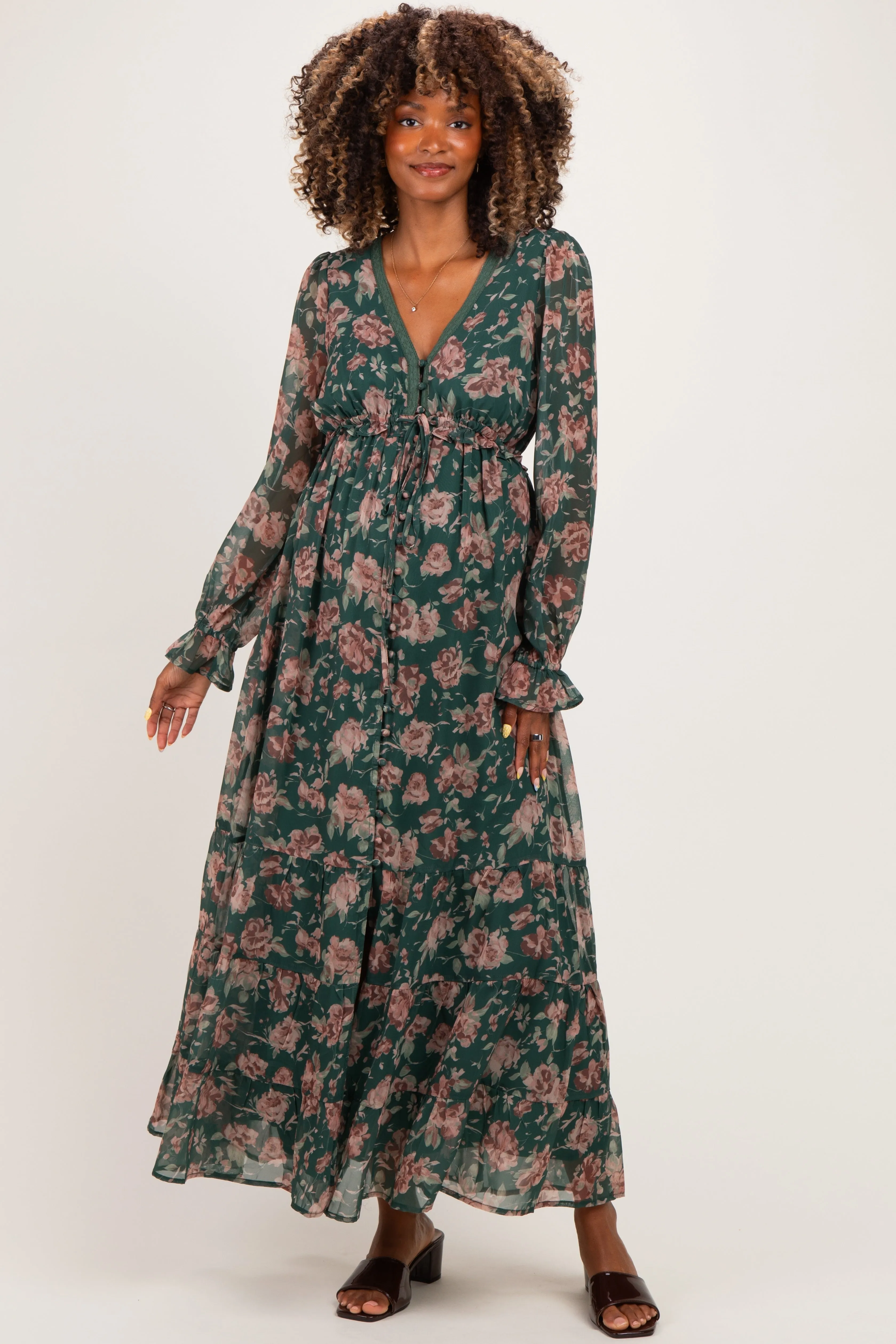 Eucalyptus Floral Chiffon Button Down Maternity Maxi Dress sold by Pinkblush
