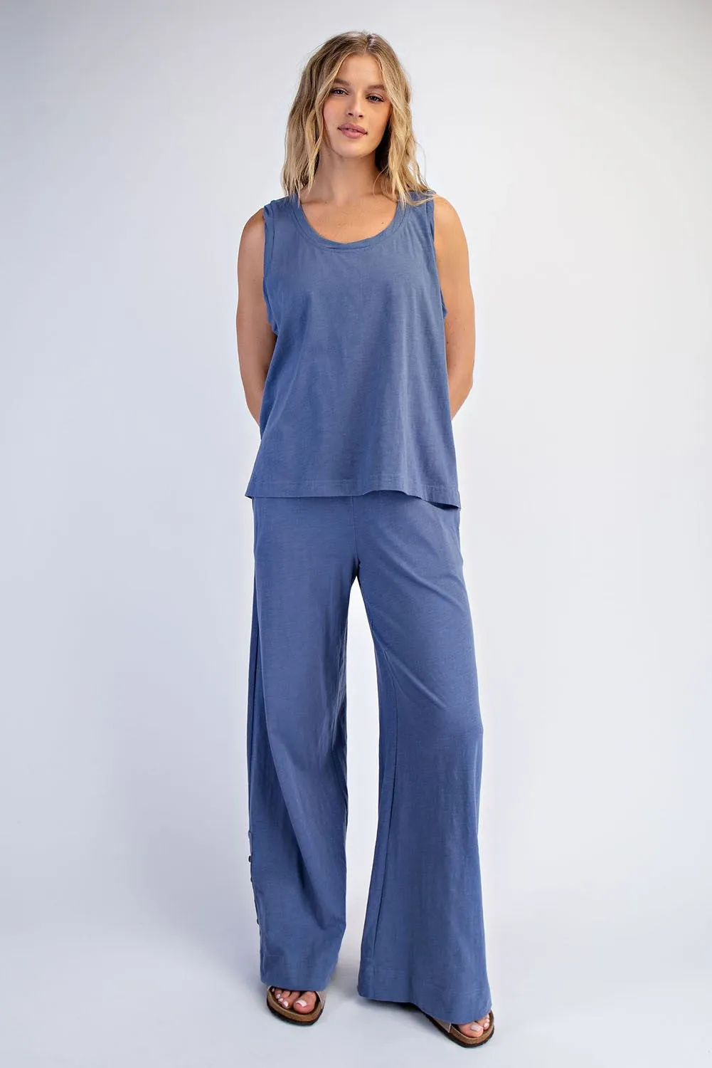 Blue Button Detail Tank Wide Leg Pant Set sold by Pinkblush