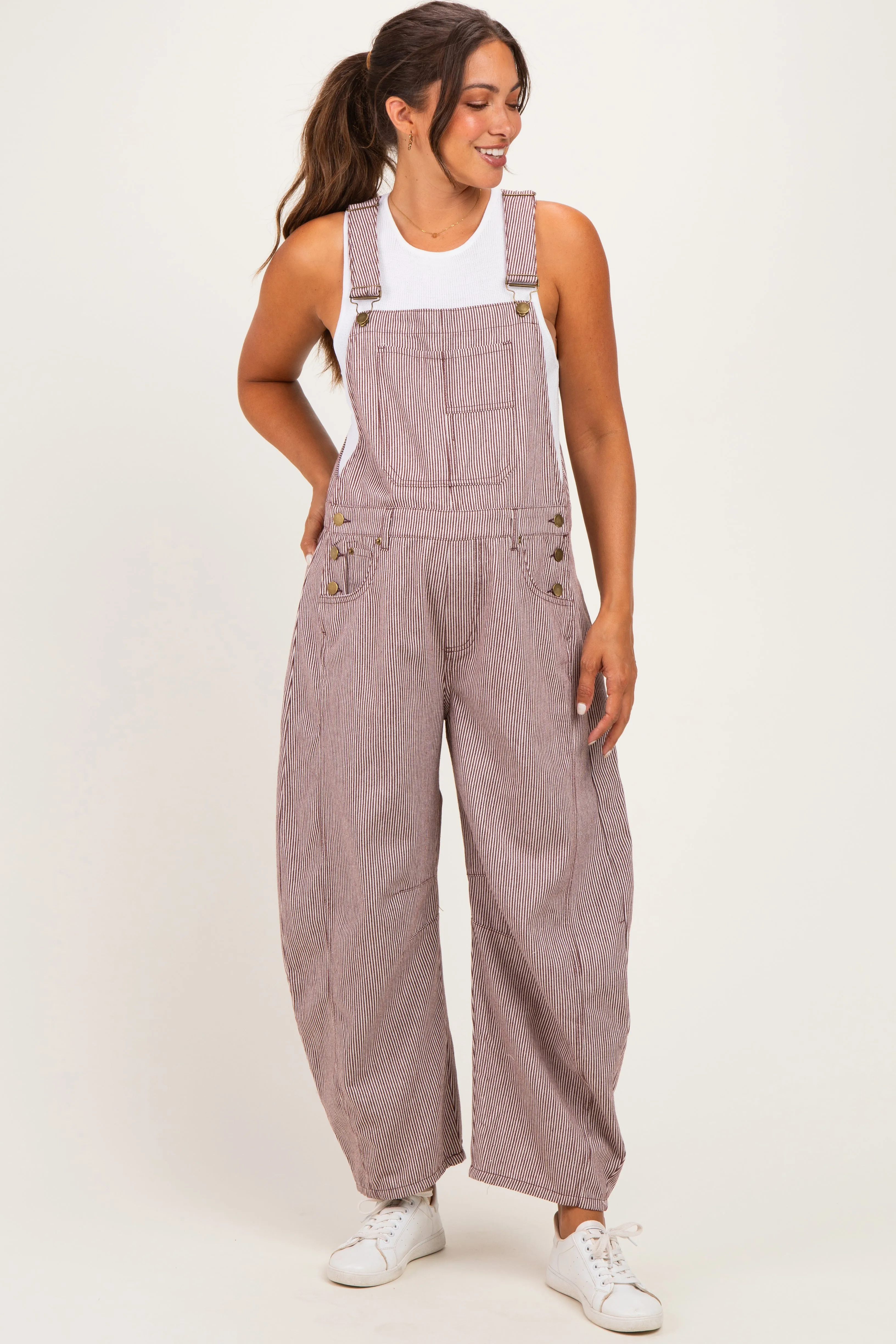Brown Pinstriped Barrel-Leg Maternity Overalls sold by Pinkblush product image thumbnail 2