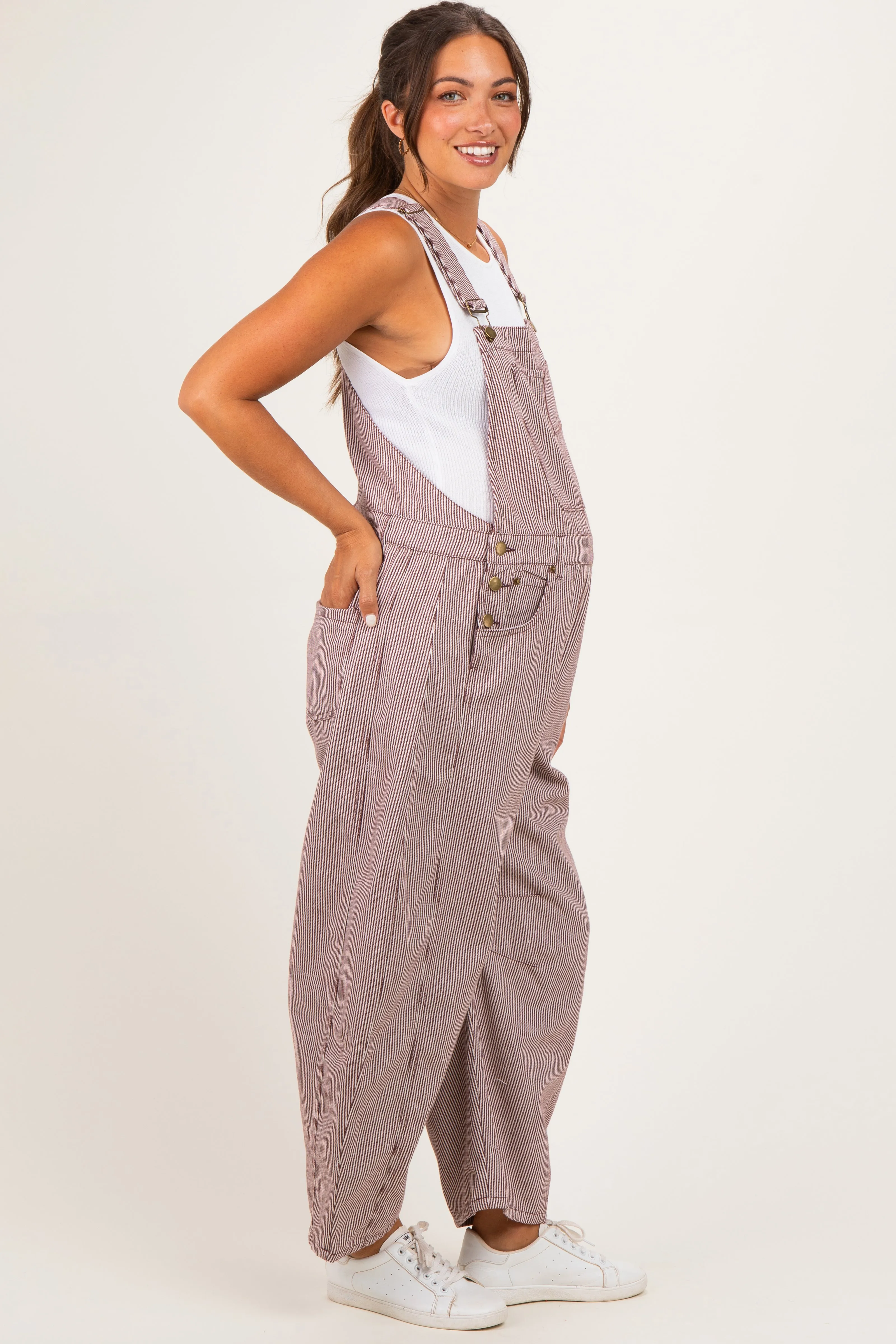 Brown Pinstriped Barrel-Leg Maternity Overalls sold by Pinkblush product image thumbnail 3