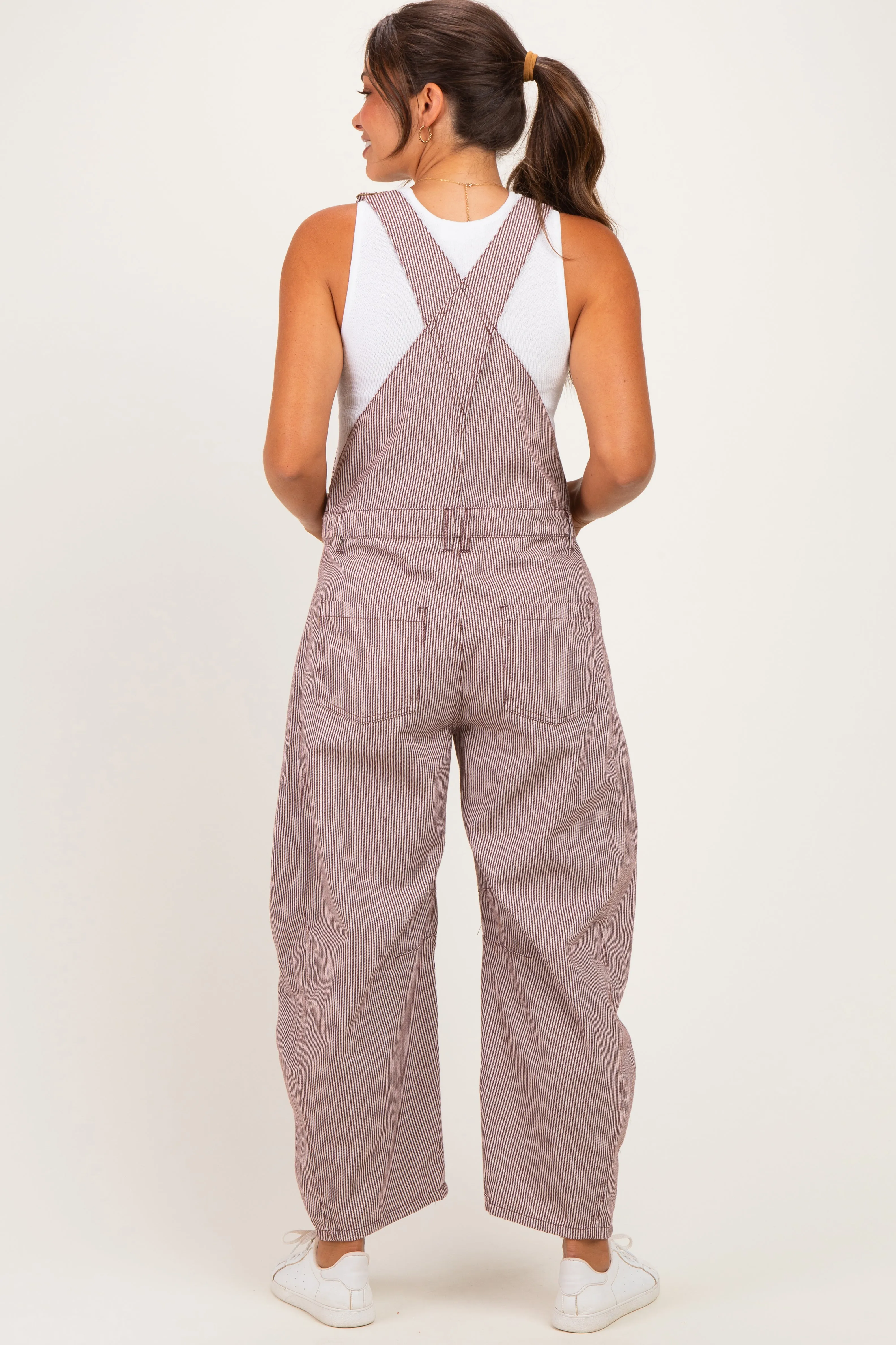 Brown Pinstriped Barrel-Leg Maternity Overalls sold by Pinkblush product image thumbnail 4