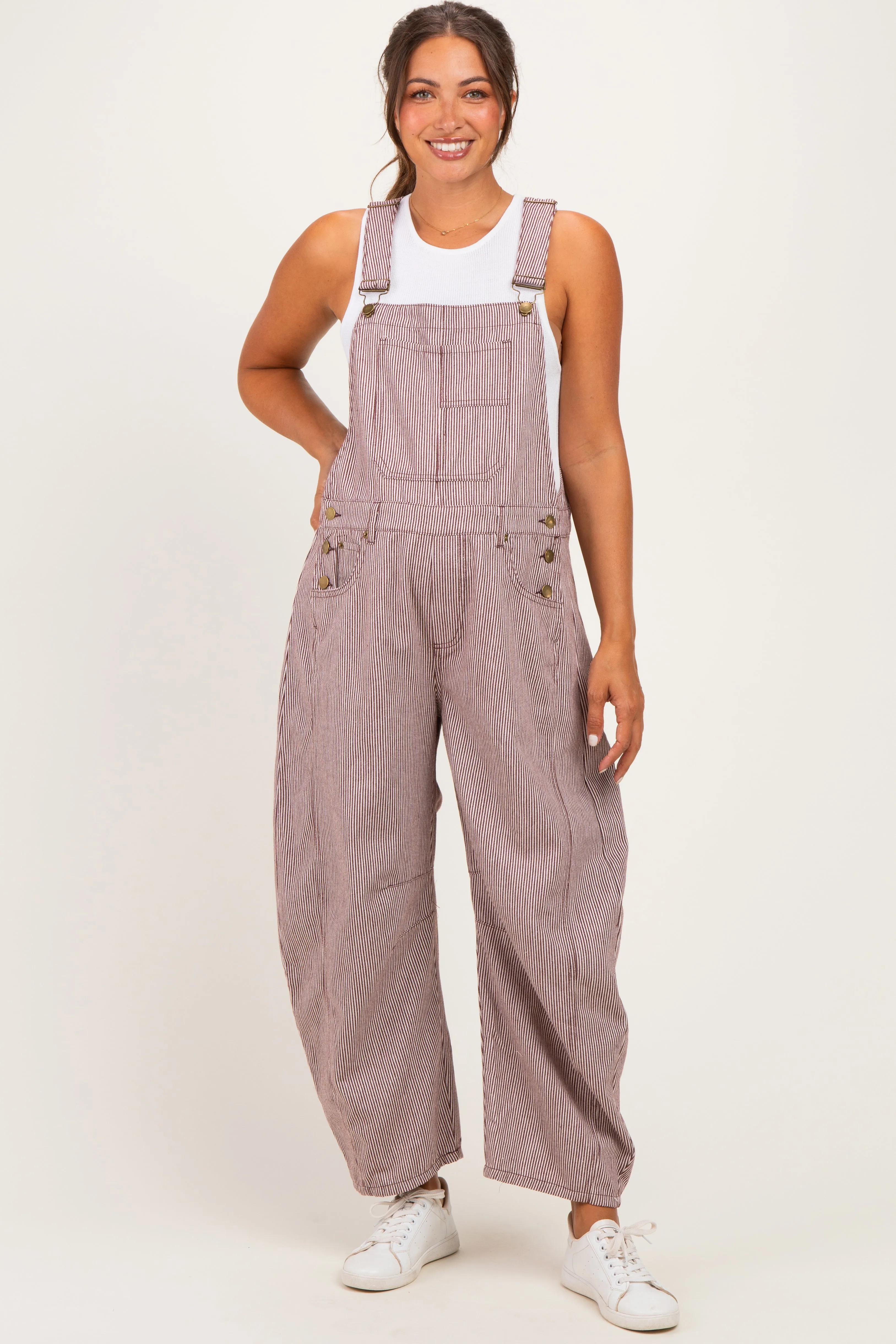 Brown Pinstriped Barrel-Leg Maternity Overalls sold by Pinkblush