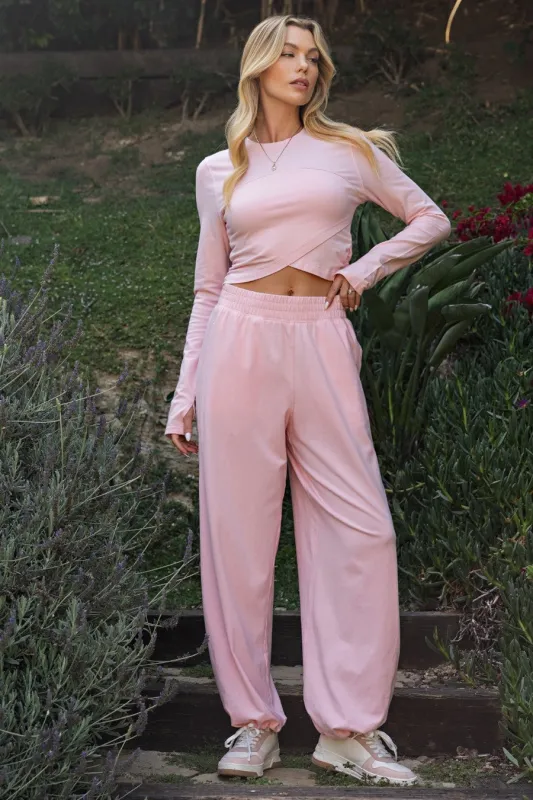Light Pink Cropped Long Sleeve Pant Set made by Rae Mode