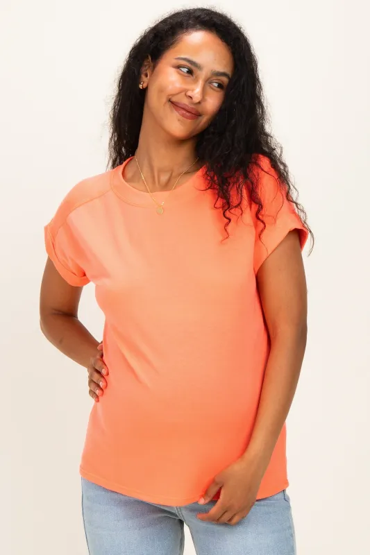 Coral Rolled Cuff Sleeve Relaxed Fit Maternity Tee made by Pinkblush
