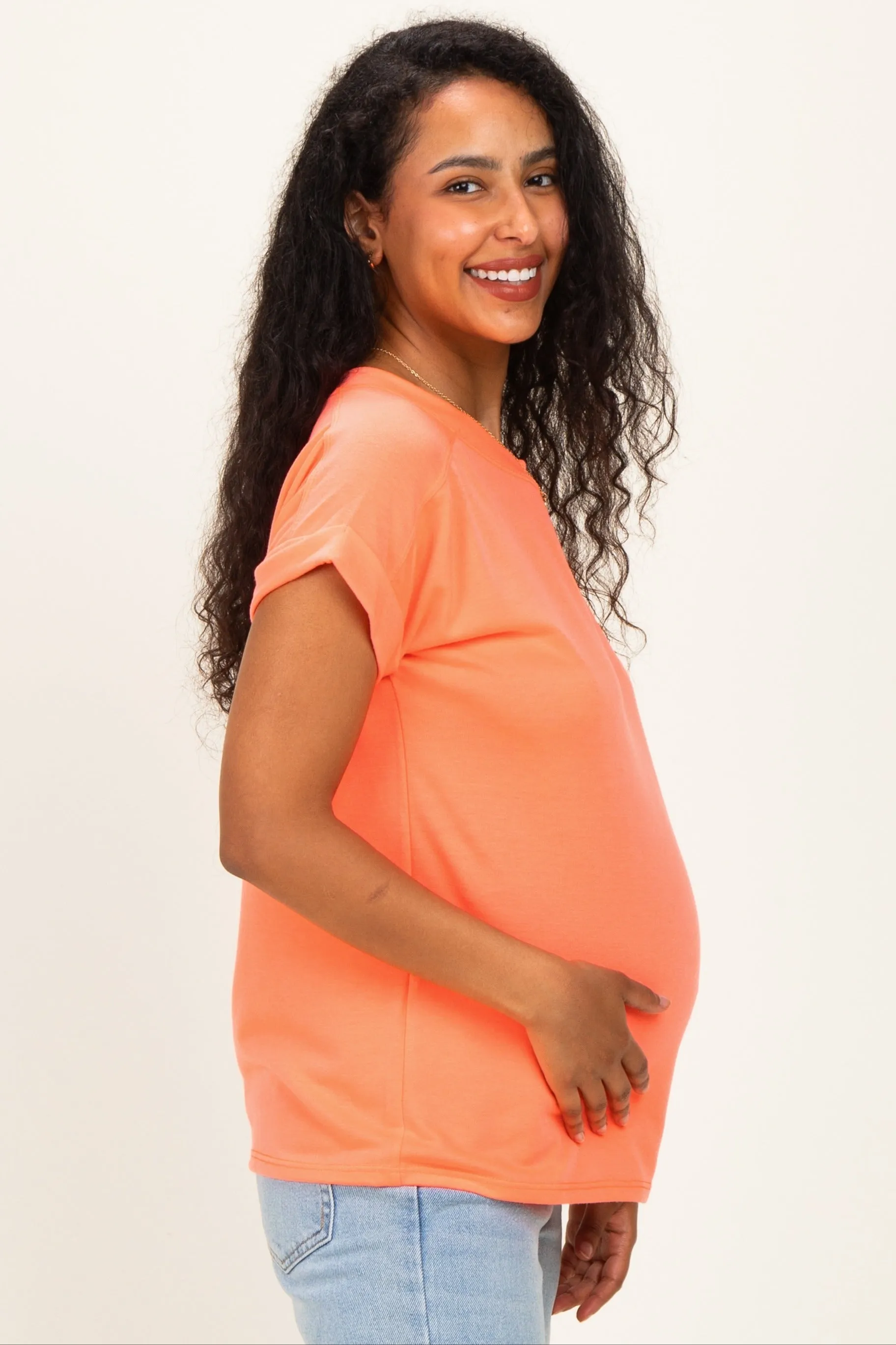 Coral Rolled Cuff Sleeve Relaxed Fit Maternity Tee sold by Pinkblush product image thumbnail 2
