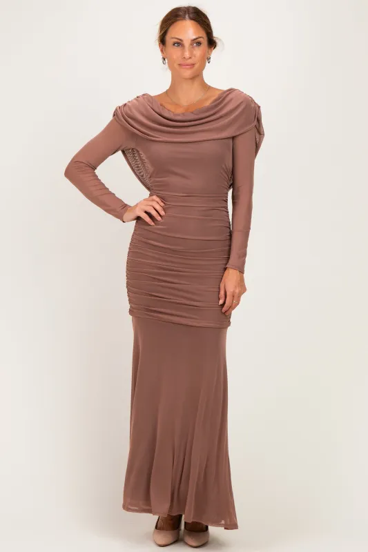 Mocha Mesh Draped Shoulder Long Sleeve Maxi Dress made by Pinkblush