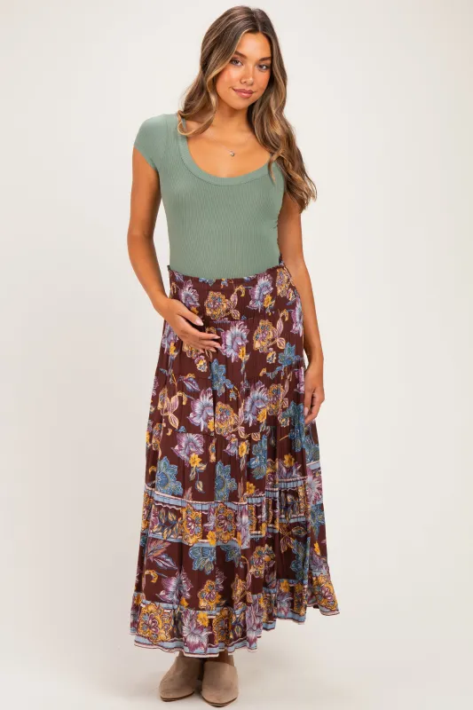Cocoa Floral Smocked Waistband Tiered Maternity Maxi Skirt made by Angie