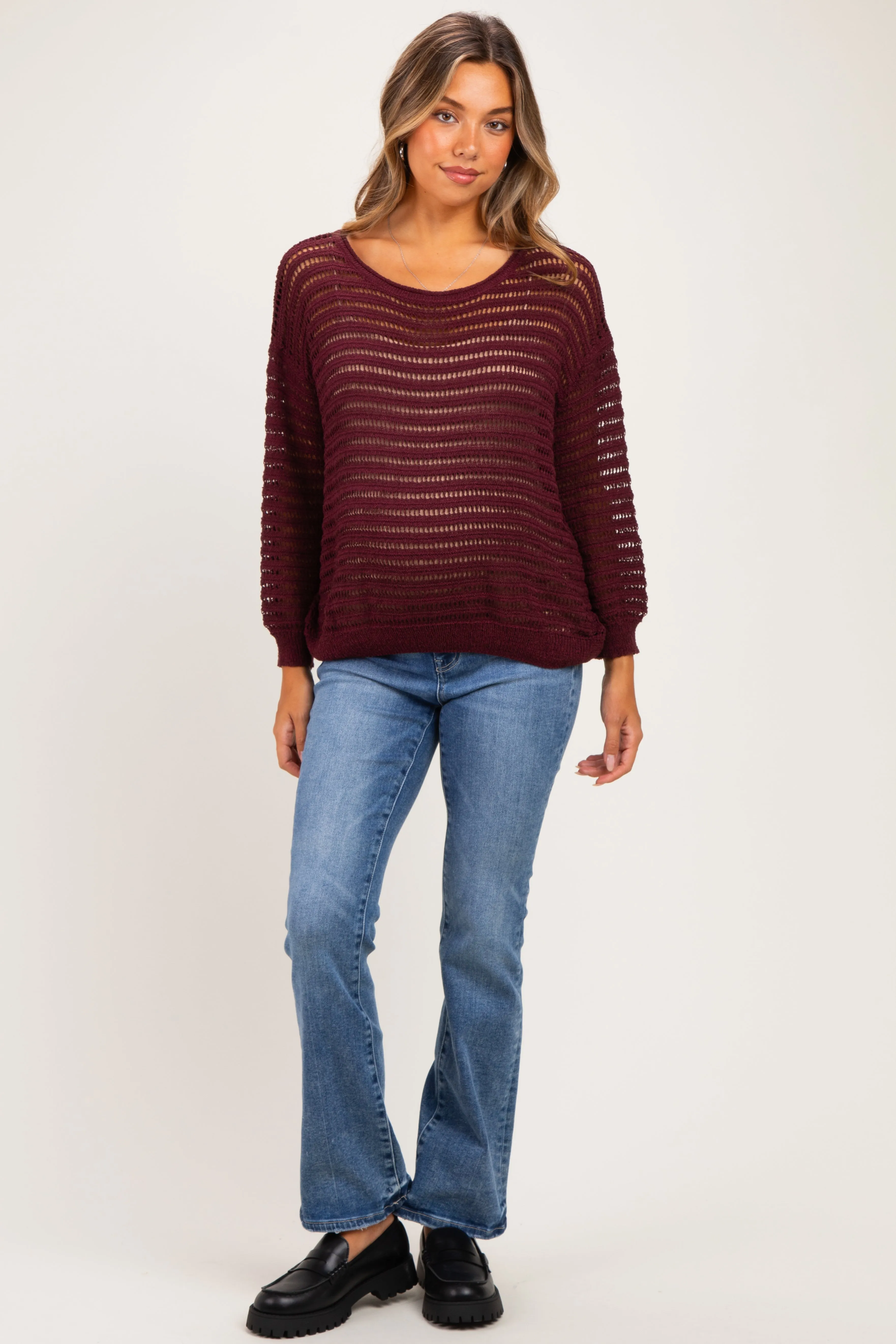 Burgundy Open Knit Striped Maternity Sweater Top sold by Pinkblush product image thumbnail 2