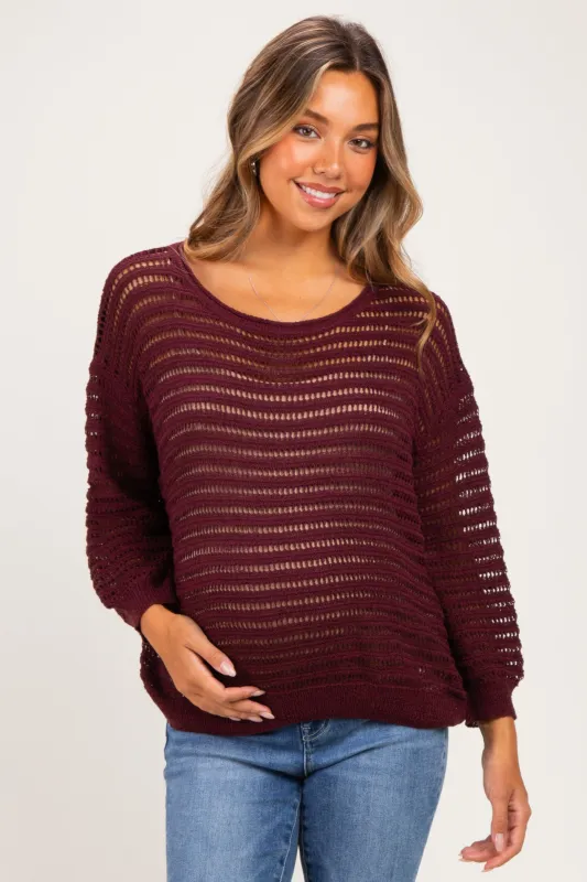 Burgundy Open Knit Striped Maternity Sweater Top made by Pinkblush