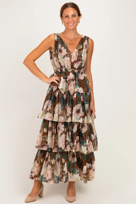 Brown Floral Sleeveless Flounce Tiered Maxi Dress made by So Me