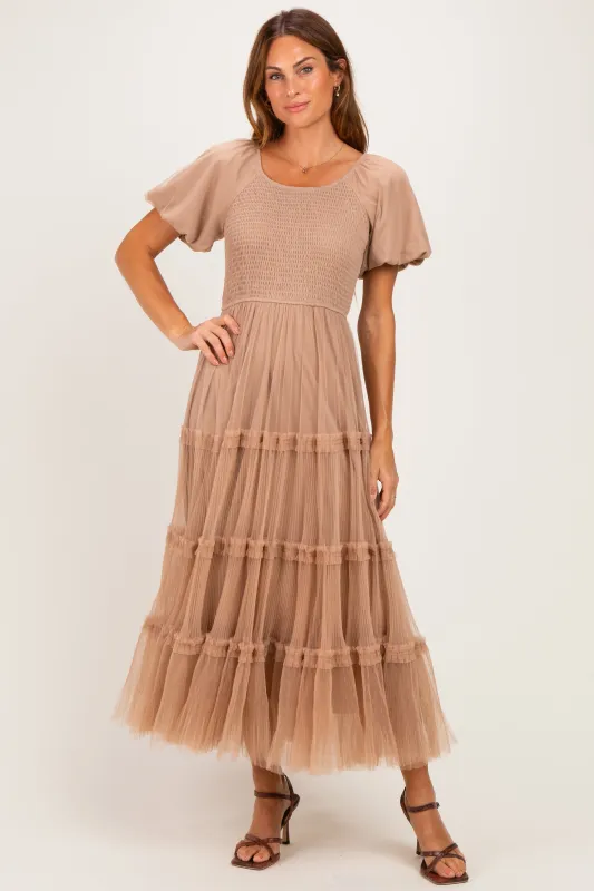 Brown Smocked Square Neck Tiered Midi Dress made by tea n rose