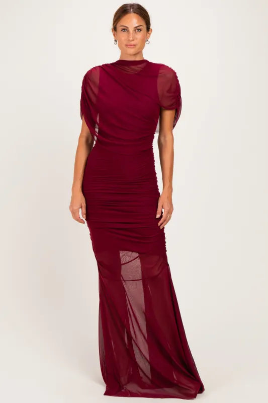 Burgundy Draped Bodice Ruched Mesh Maxi Dress made by Fore Collection