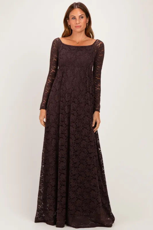 Brown Floral Lace Long Sleeve Off Shoulder Maxi Dress made by Pinkblush