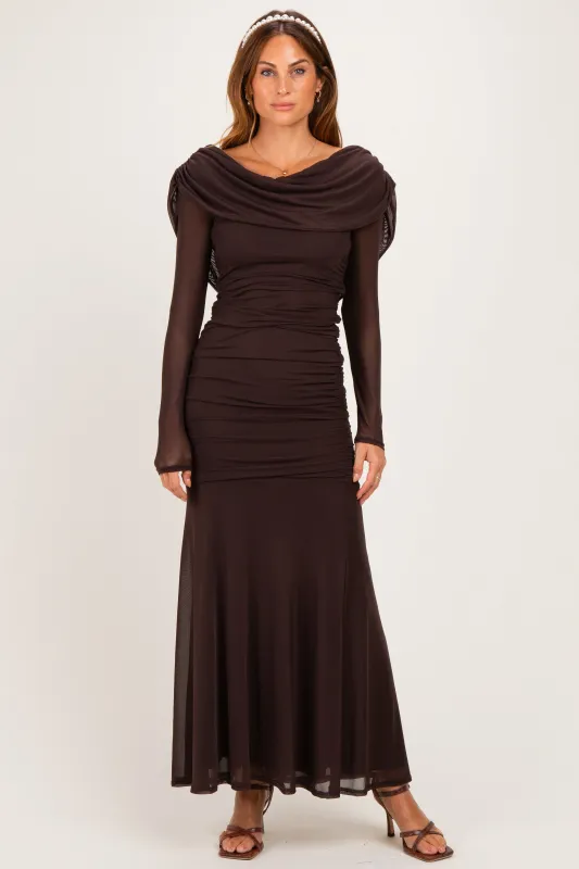 Chocolate Mesh Draped Shoulder Long Sleeve Maxi Dress made by Pinkblush