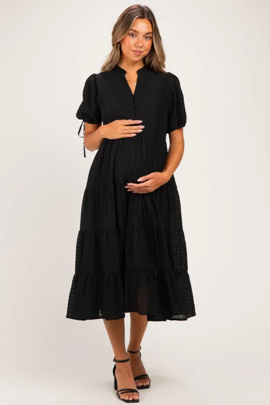 Black Drawstring Waist Tiered Maternity Midi Dress made by JODIFL