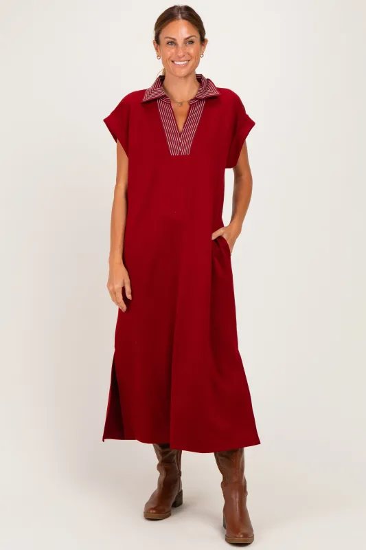 Burgundy Striped Collared Side Slit Midi Dress made by JODIFL
