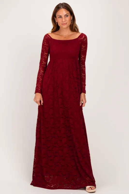 Burgundy Floral Lace Long Sleeve Off Shoulder Maxi Dress made by Pinkblush