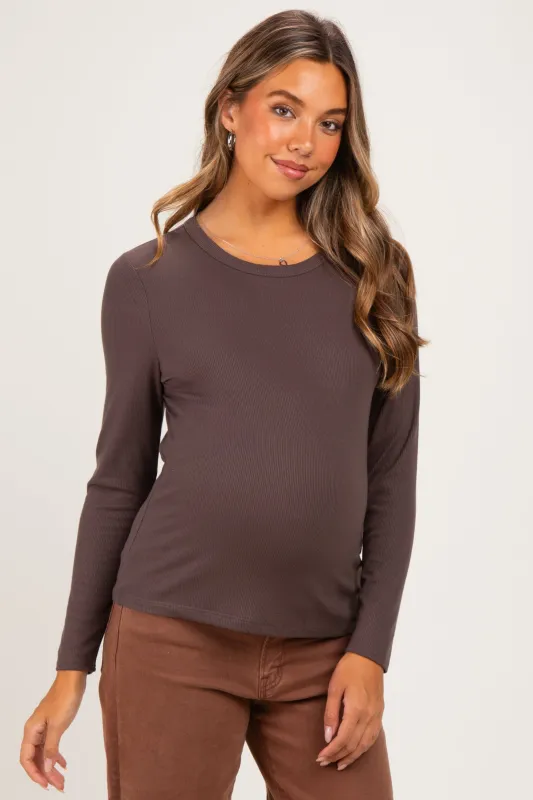 Brown Fitted Ribbed Maternity Long Sleeve made by Staccato