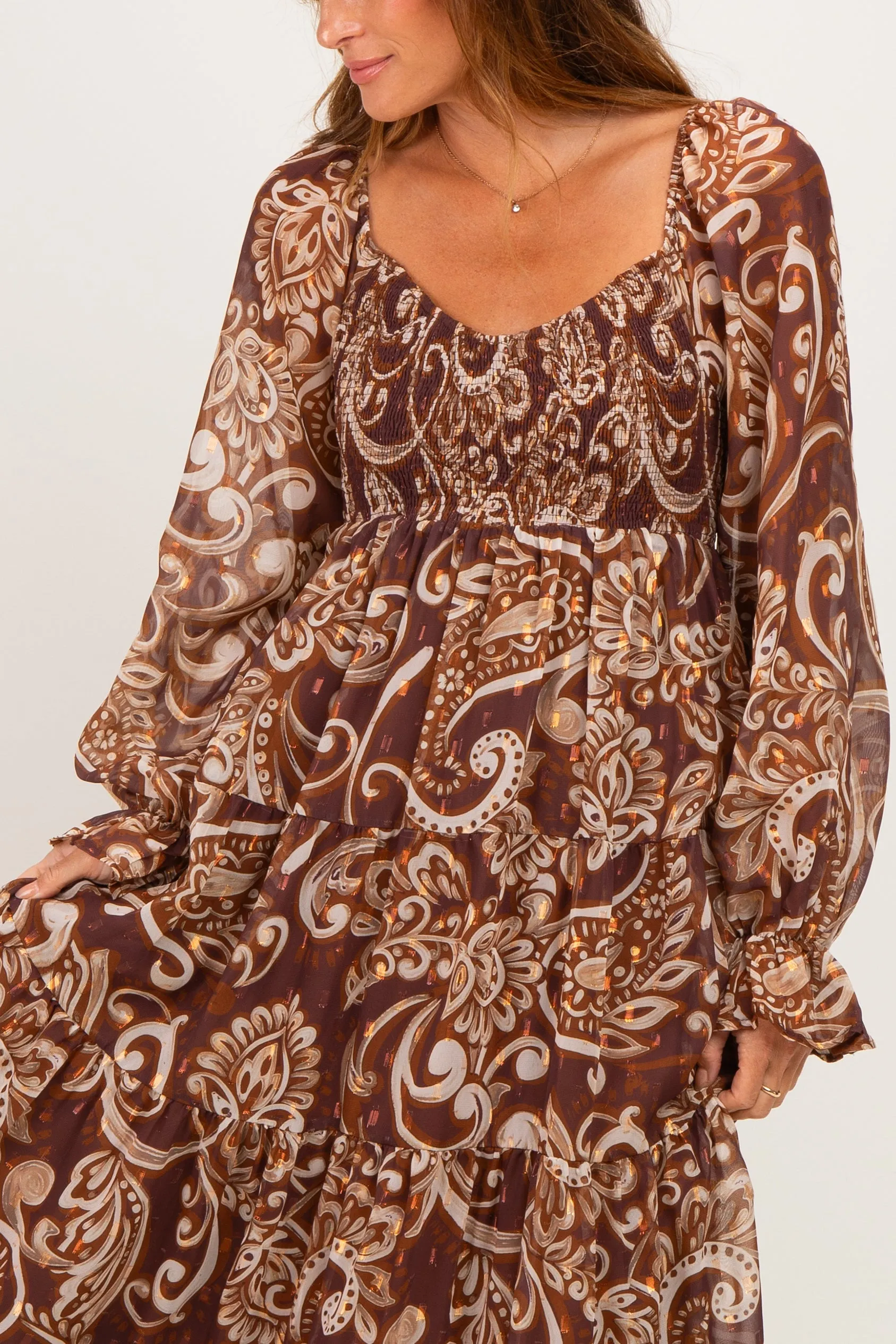 Coffee Paisley Smocked Long Sleeve Midi Dress sold by Pinkblush product image thumbnail 2