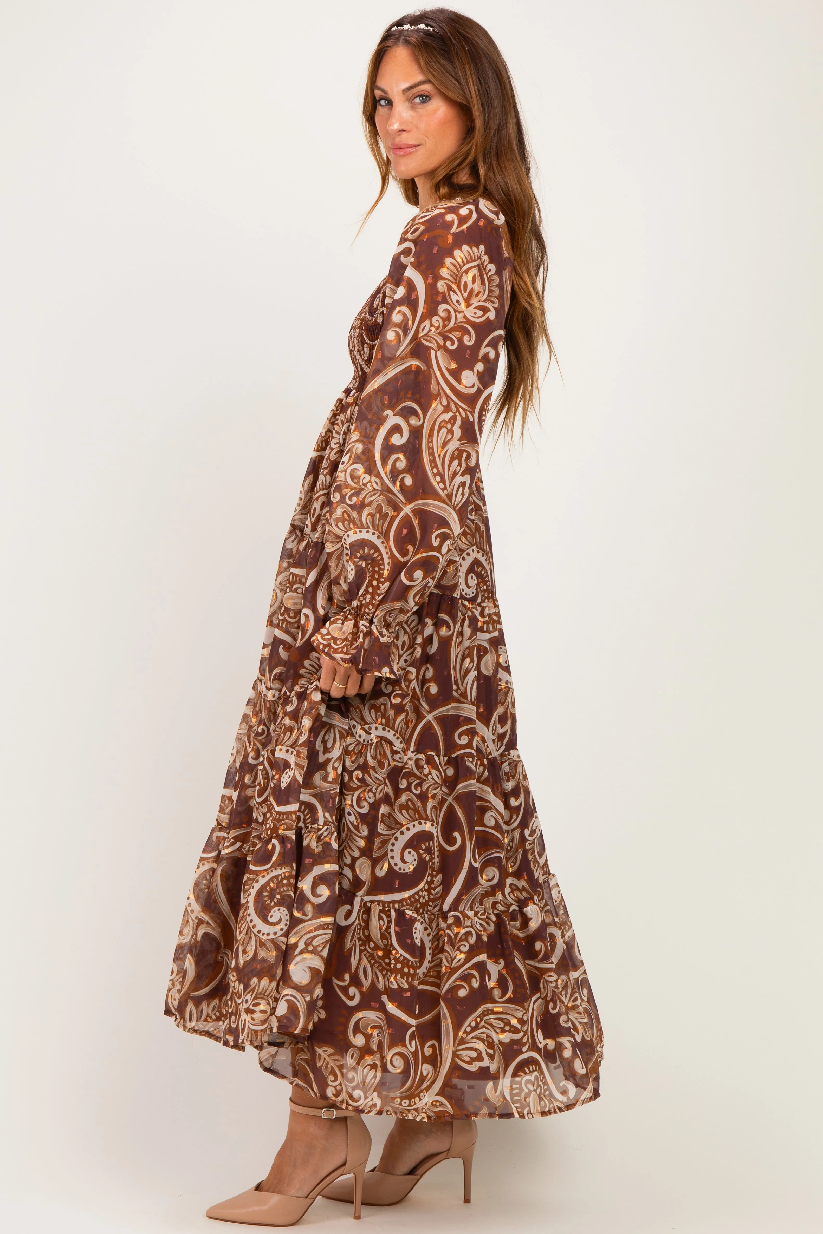 Coffee Paisley Smocked Long Sleeve Midi Dress sold by Pinkblush product image thumbnail 3
