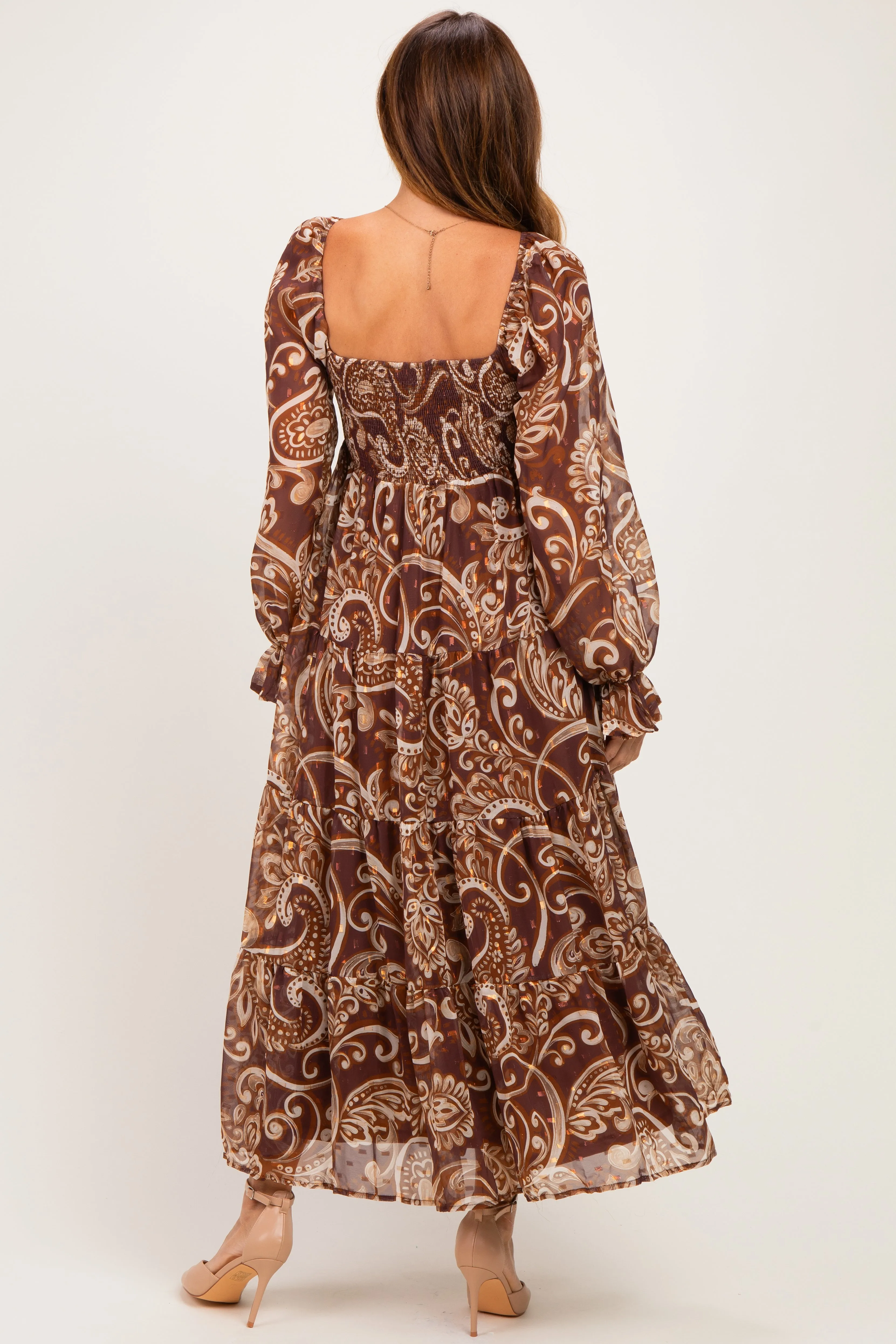 Coffee Paisley Smocked Long Sleeve Midi Dress sold by Pinkblush product image thumbnail 4