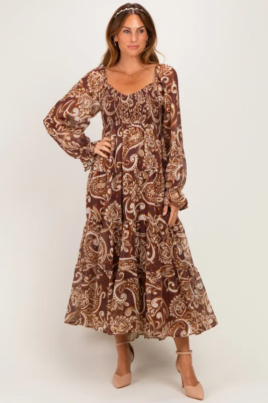 Coffee Paisley Smocked Long Sleeve Midi Dress made by Flying Tomato