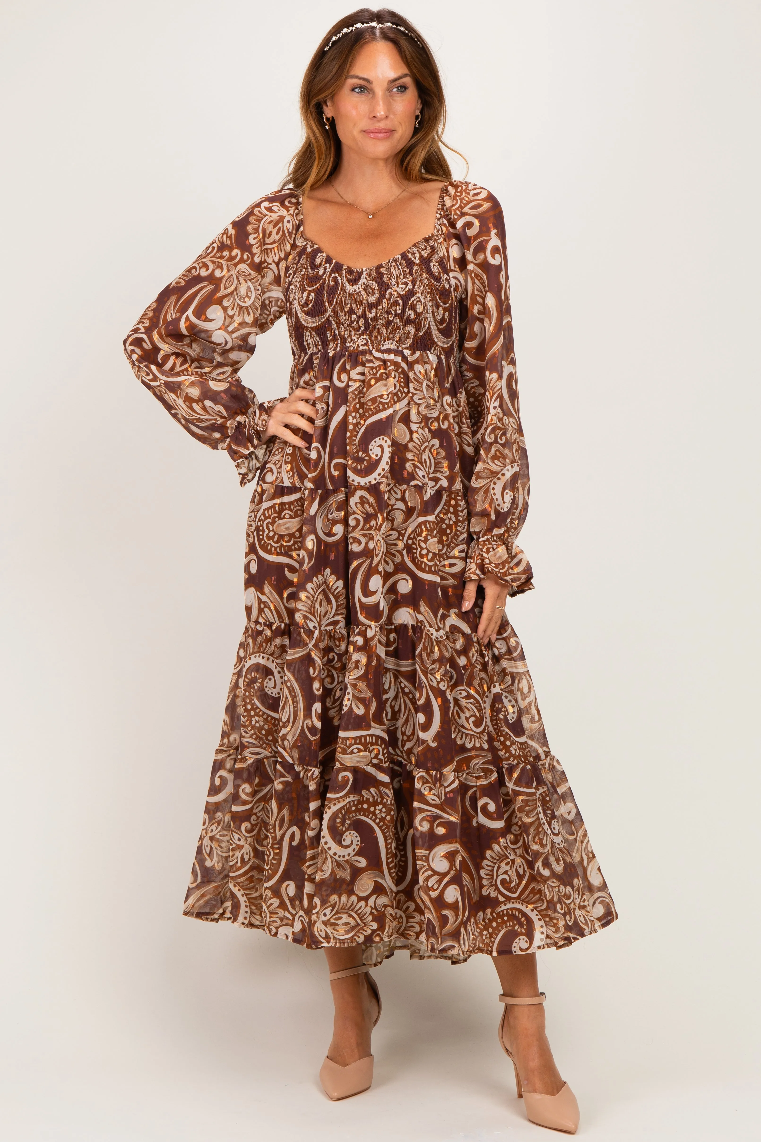 Coffee Paisley Smocked Long Sleeve Midi Dress sold by Pinkblush